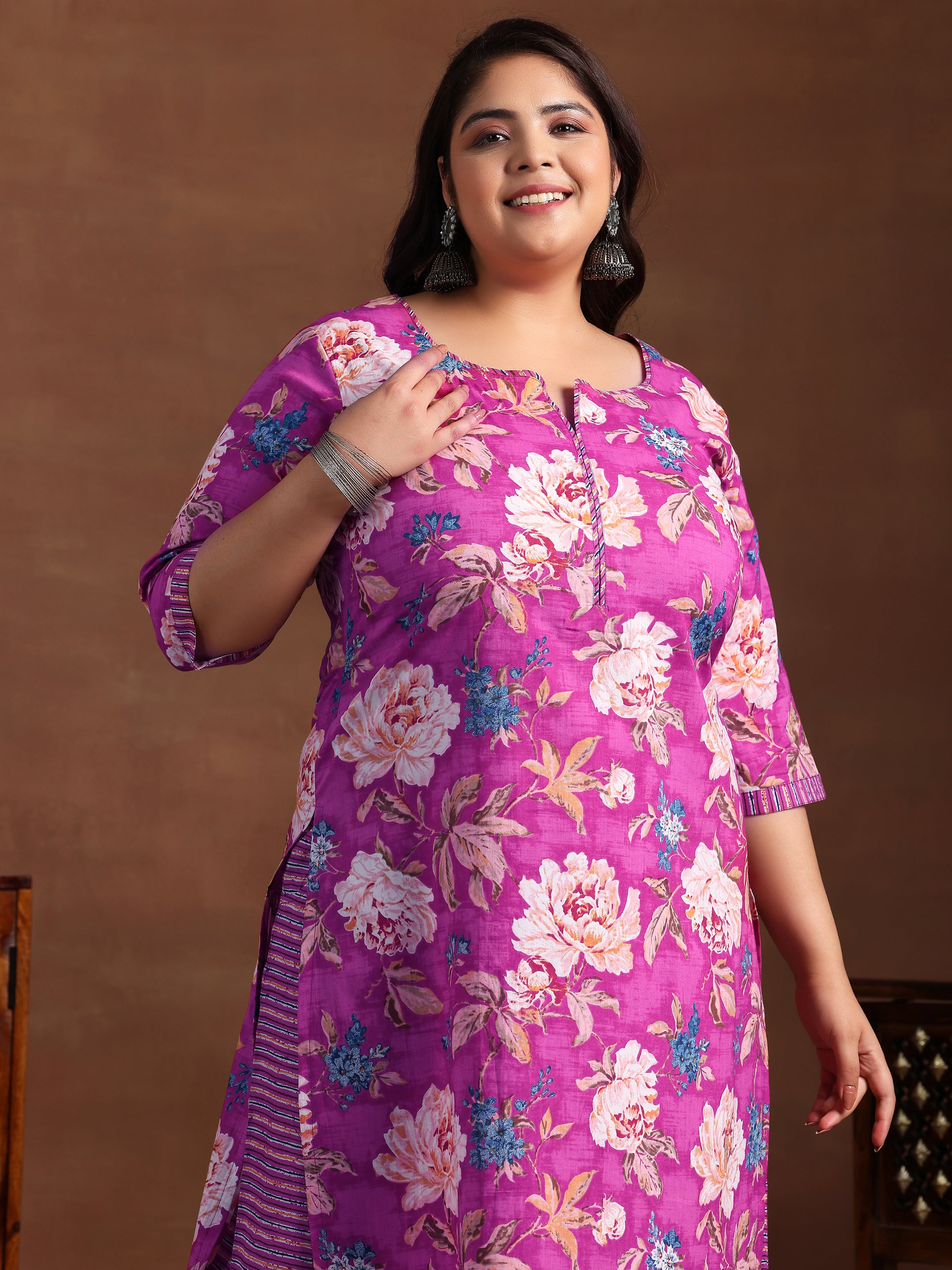 Plus Size Pink Printed Cotton Straight Suit With Dupatta