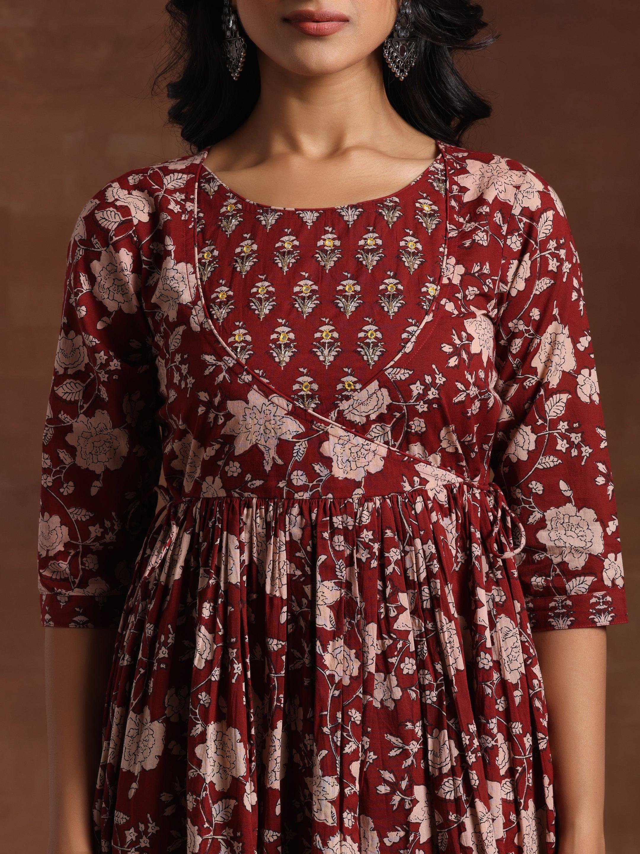 Maroon Printed Pure Cotton Anarkali Suit With Dupatta