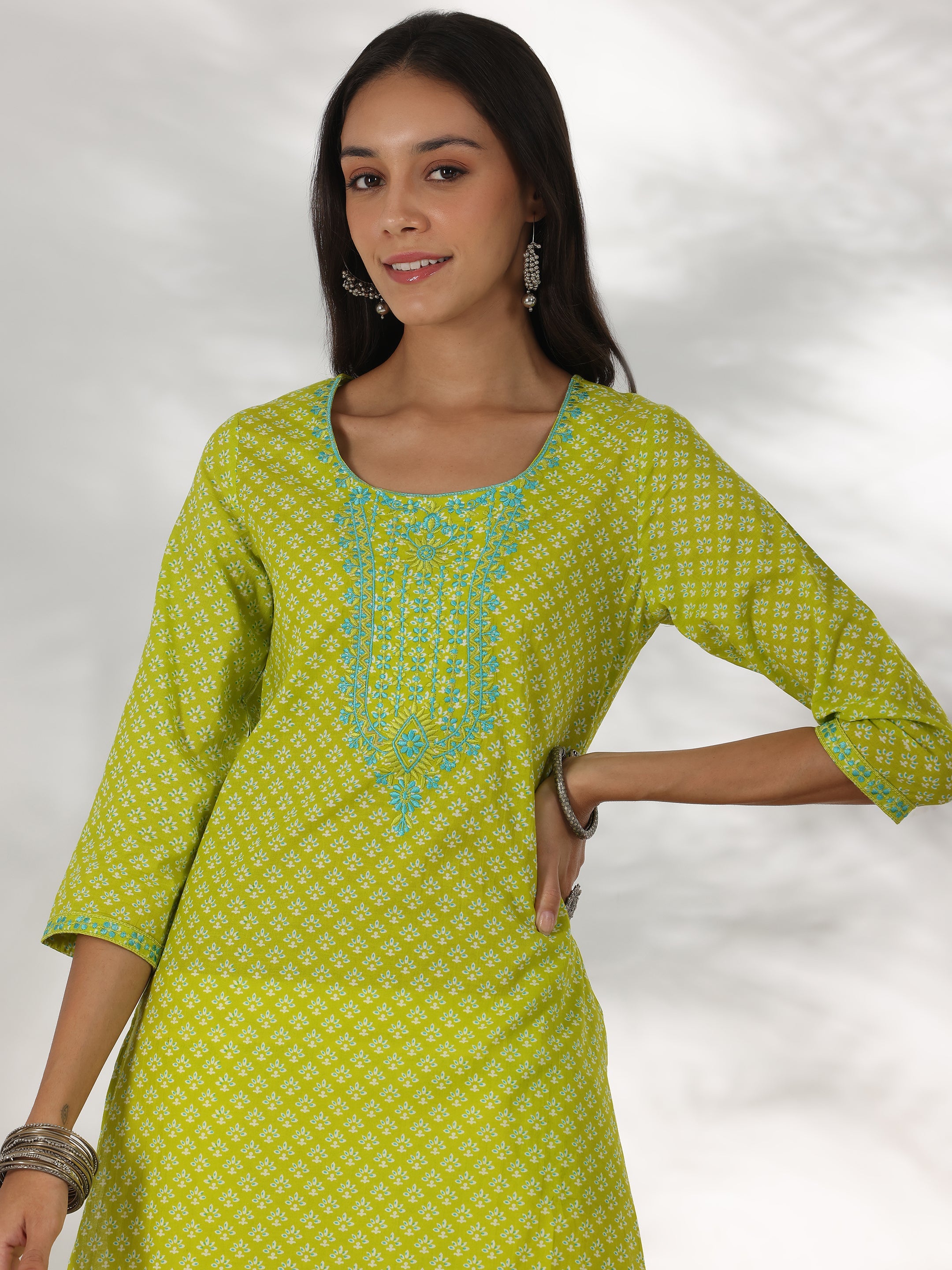 Green Printed Cotton Straight Kurta