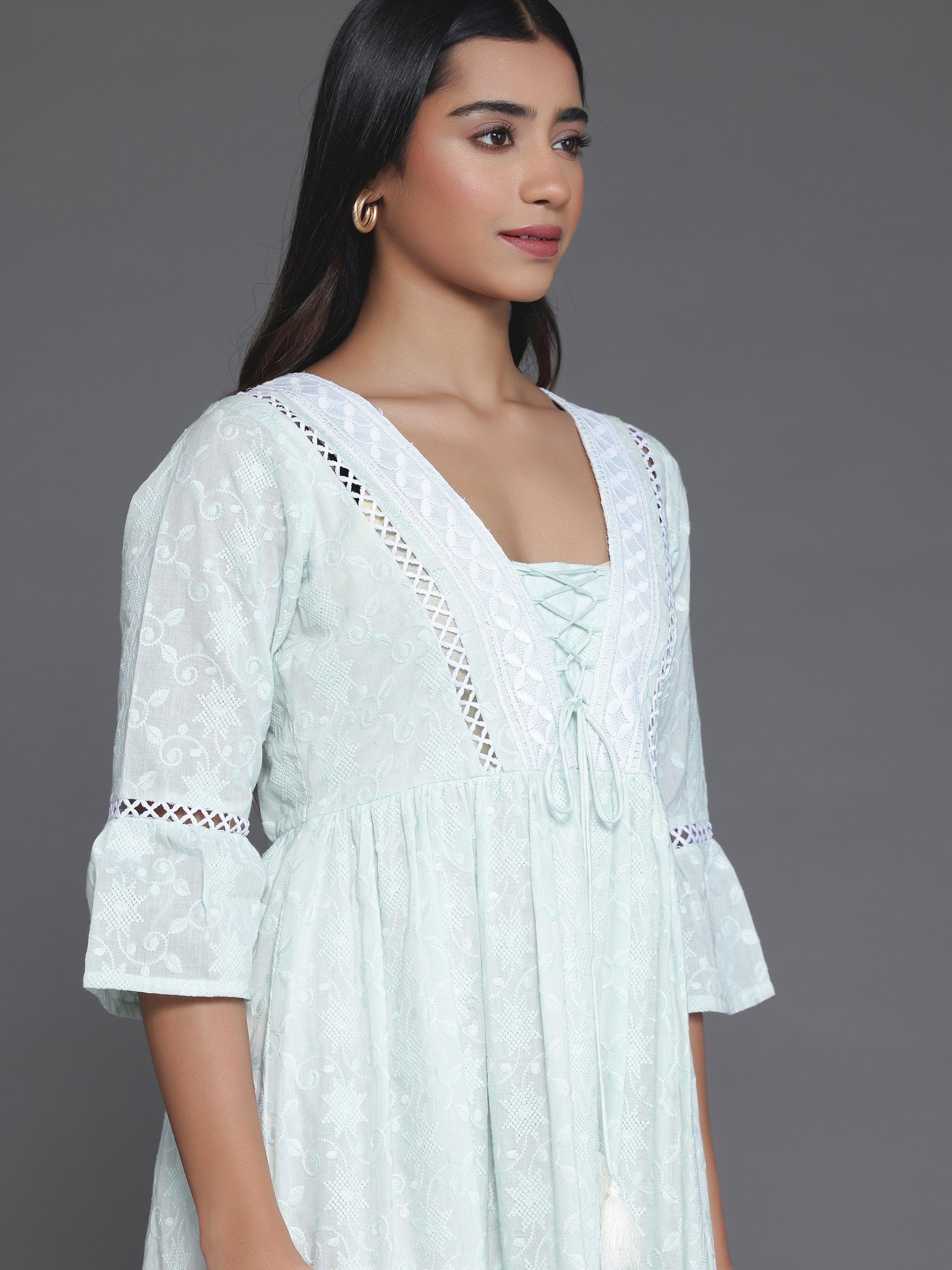 Sea Green Embroidered Cotton Fit and Flare Dress