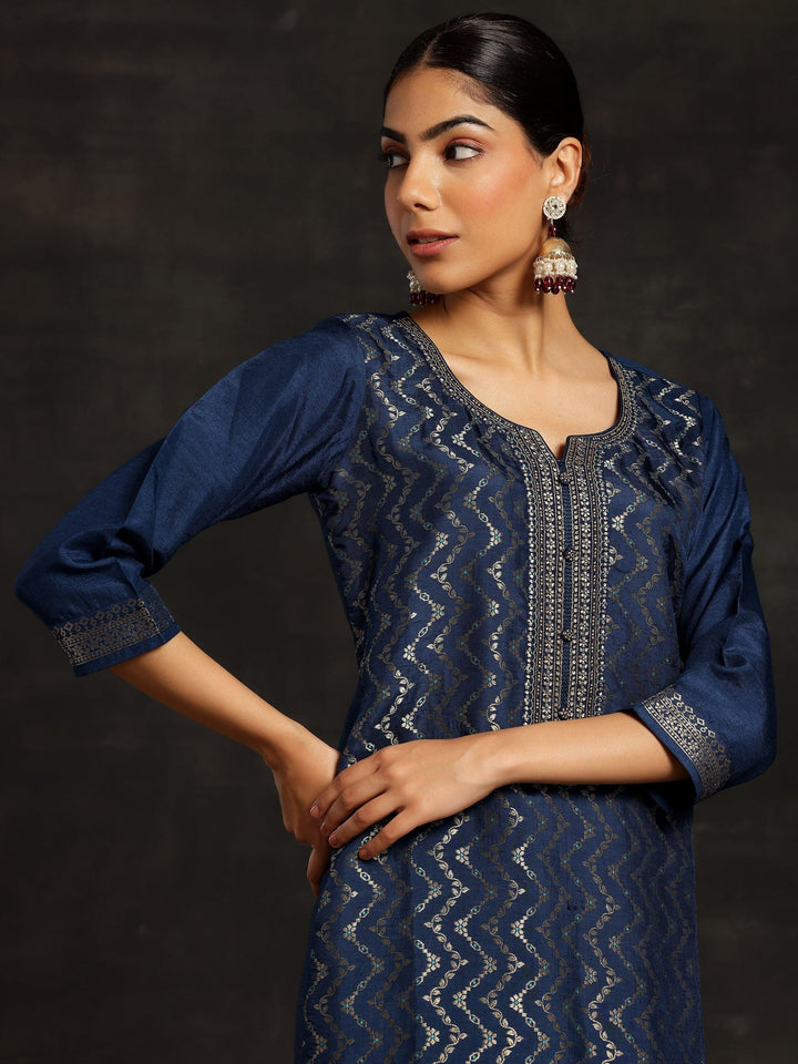 Blue Woven Design Silk Blend Straight Kurta With Trousers & Dupatta - ShopLibas