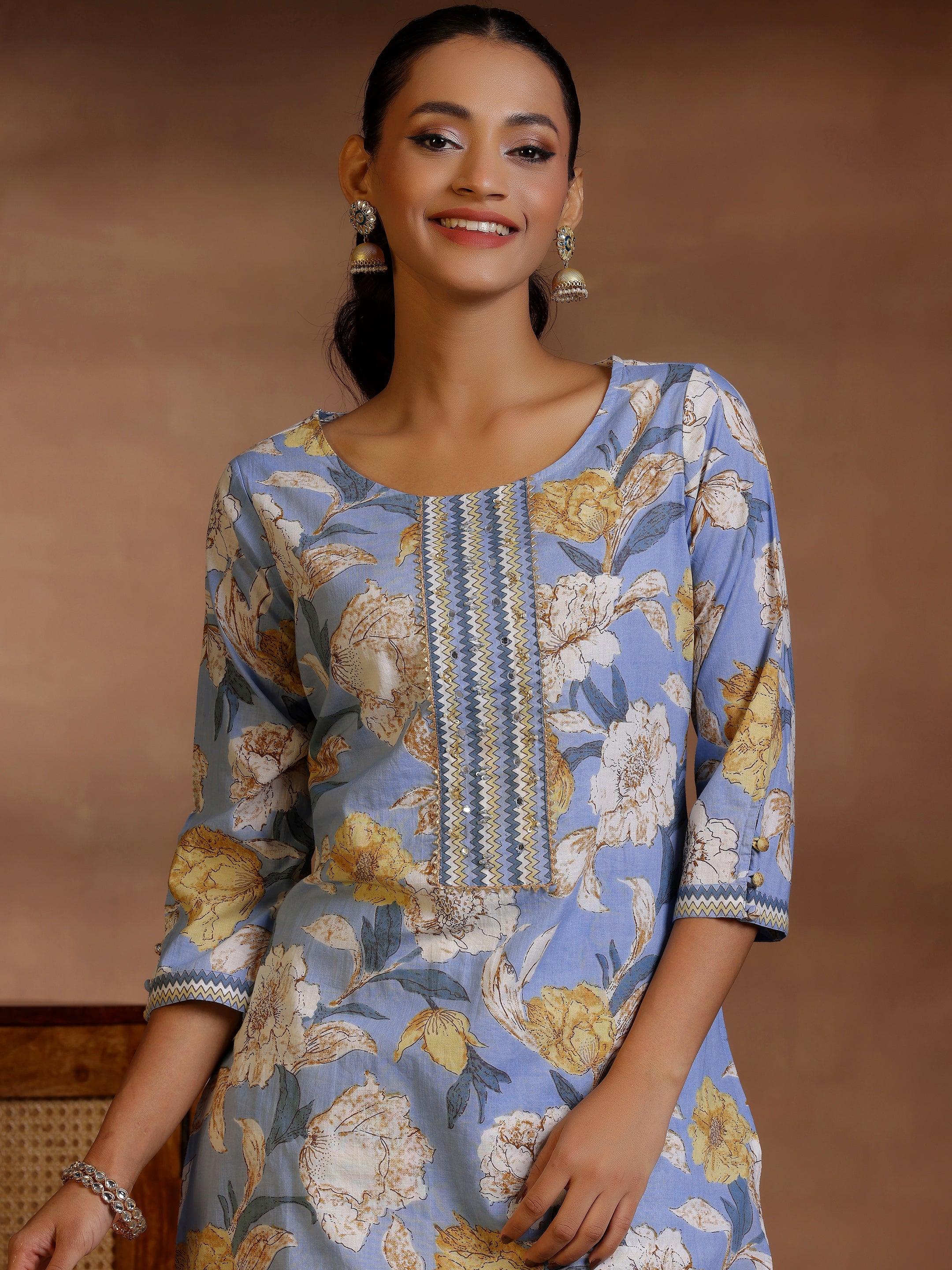 Blue Printed Cotton Straight Kurta Set