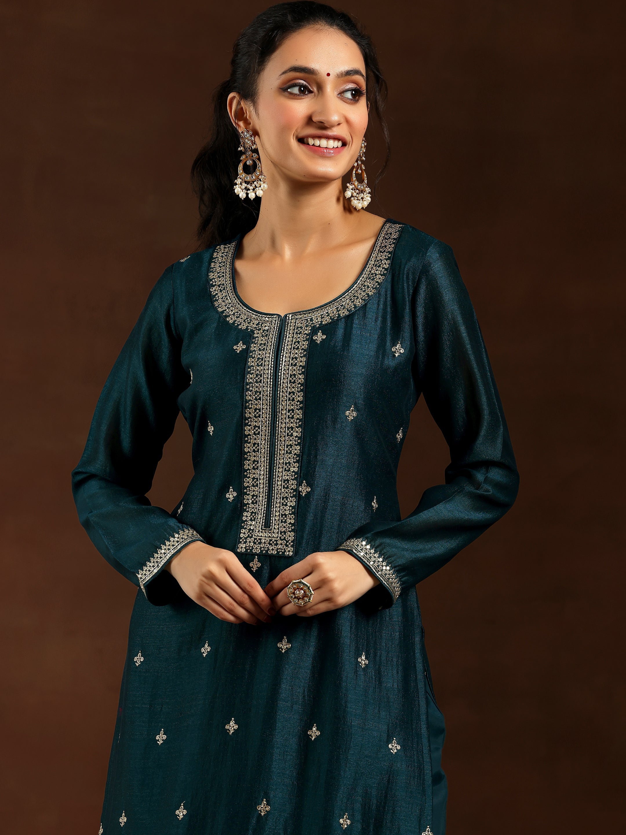 Teal Embroidered Silk Blend Straight Suit With Dupatta