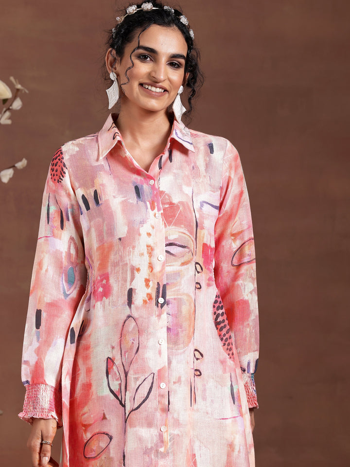 Peach Printed Linen A-Line Dress