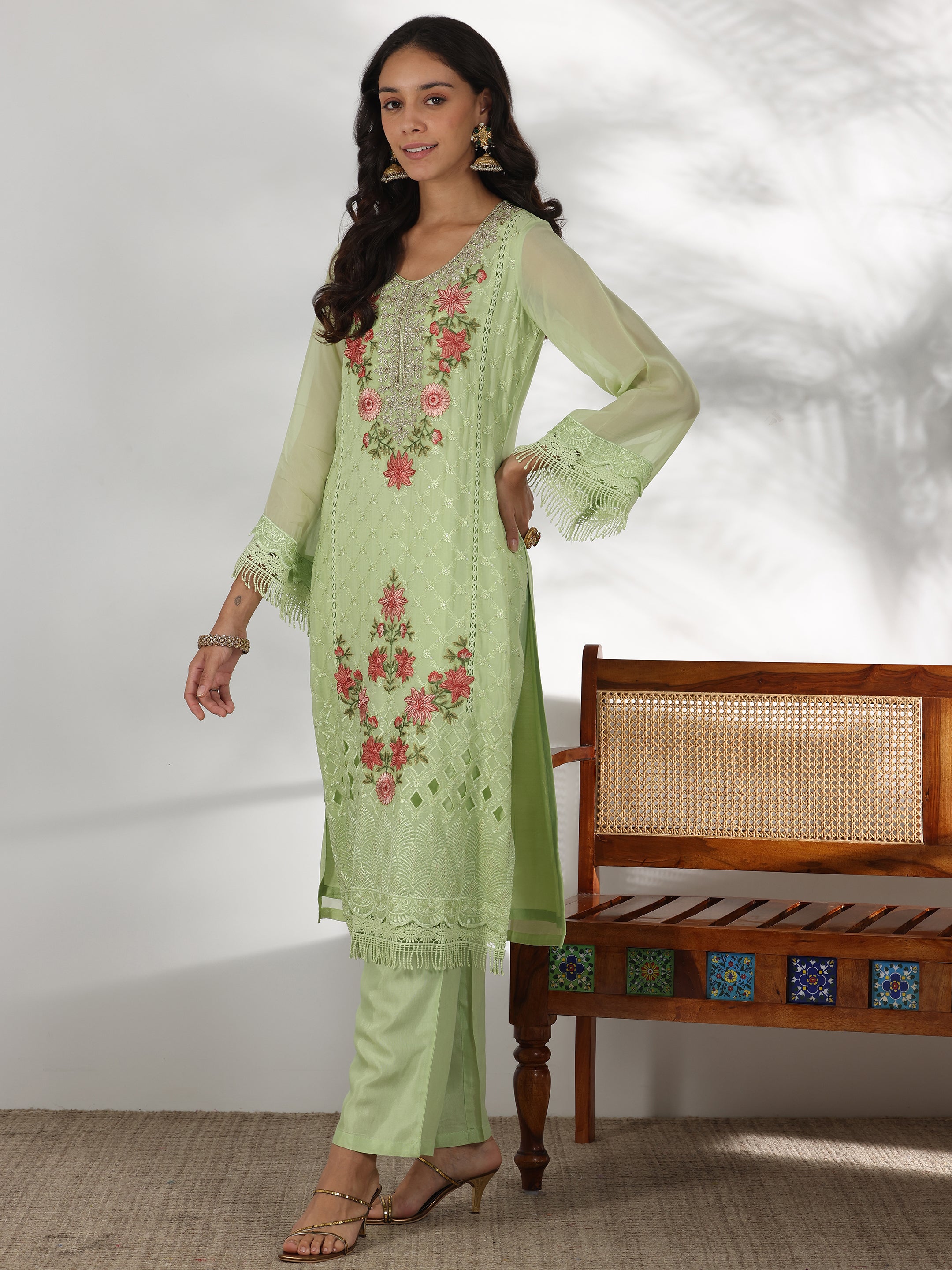 Green Embroidered Organza Straight Suit With Dupatta