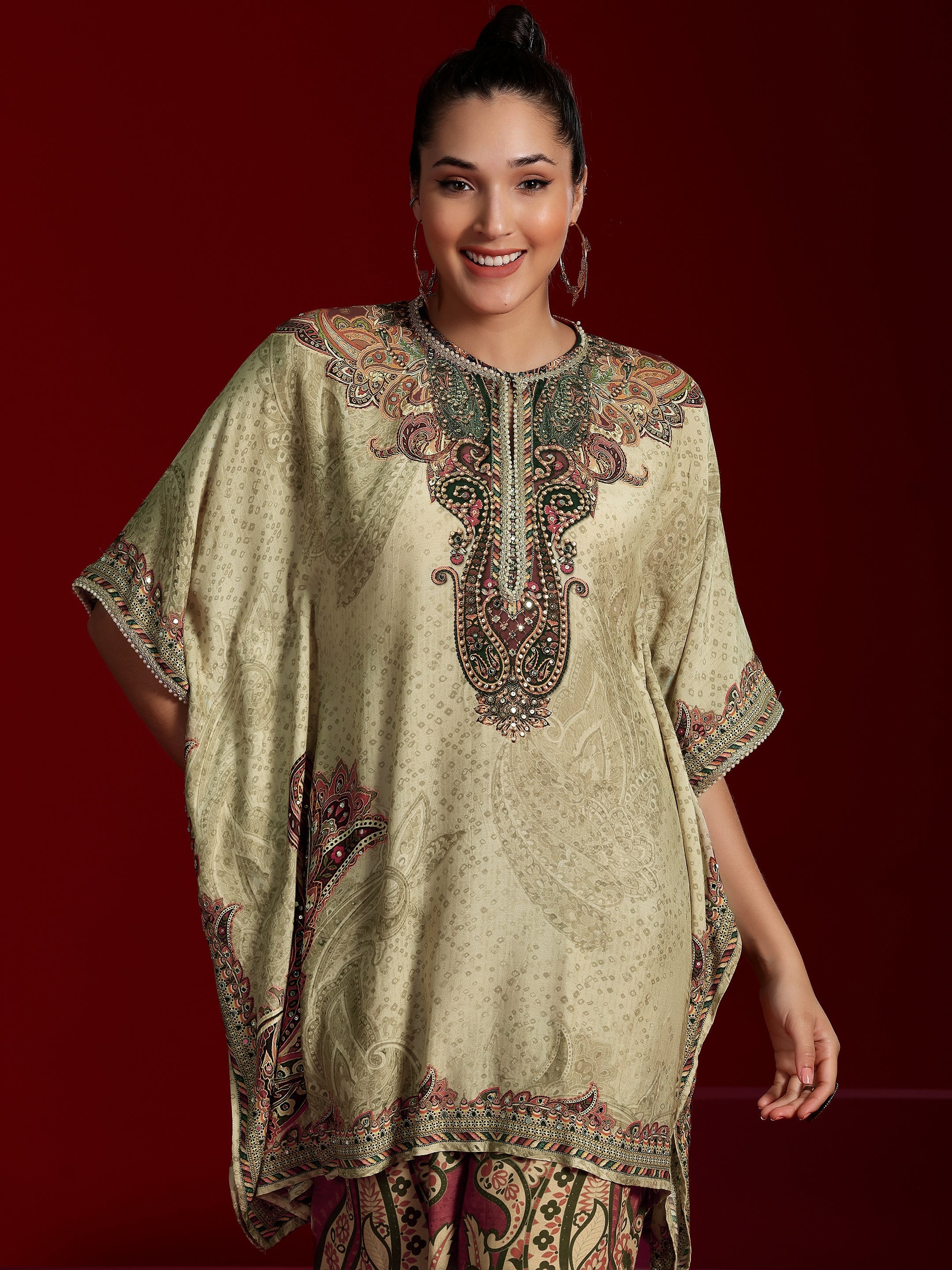 Libas Art Beige Printed Silk Blend Co-Ords