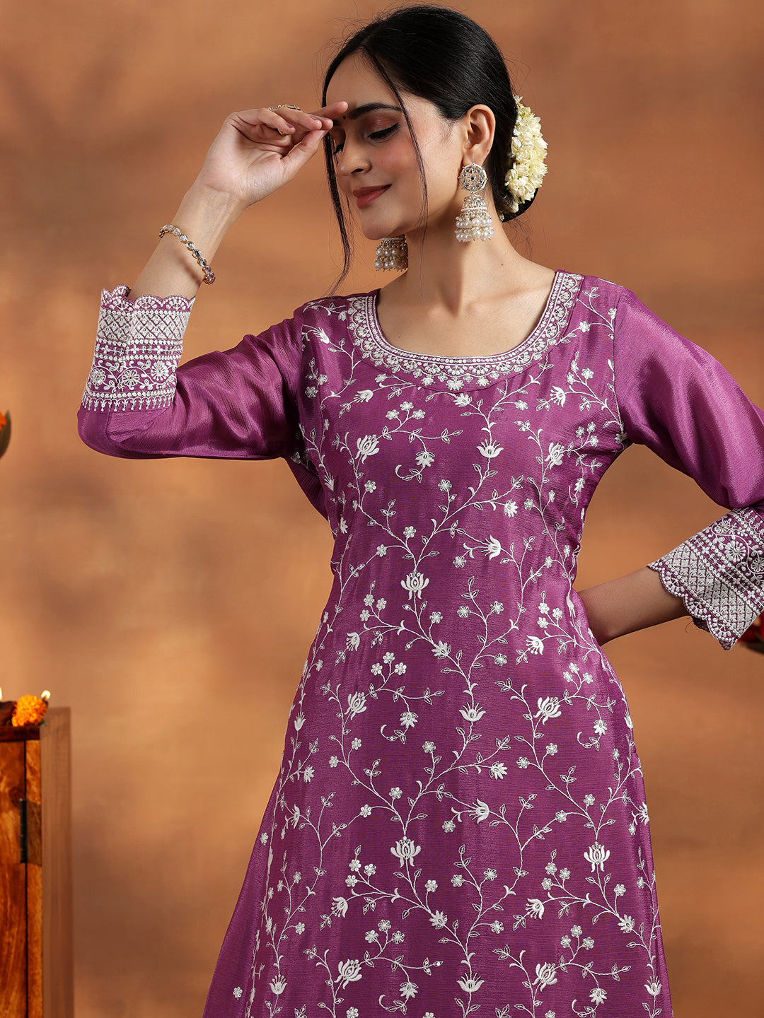 Mauve Embroidered Silk Blend Straight Suit With Dupatta