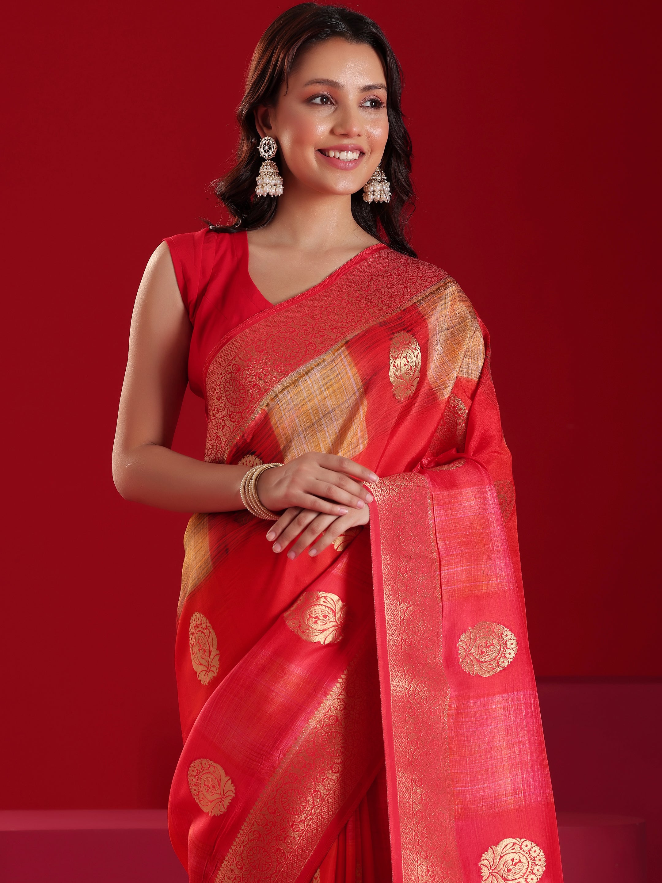 Libas Art Red Orange Woven Design Satin Saree With Unstitched  Blouse Piece