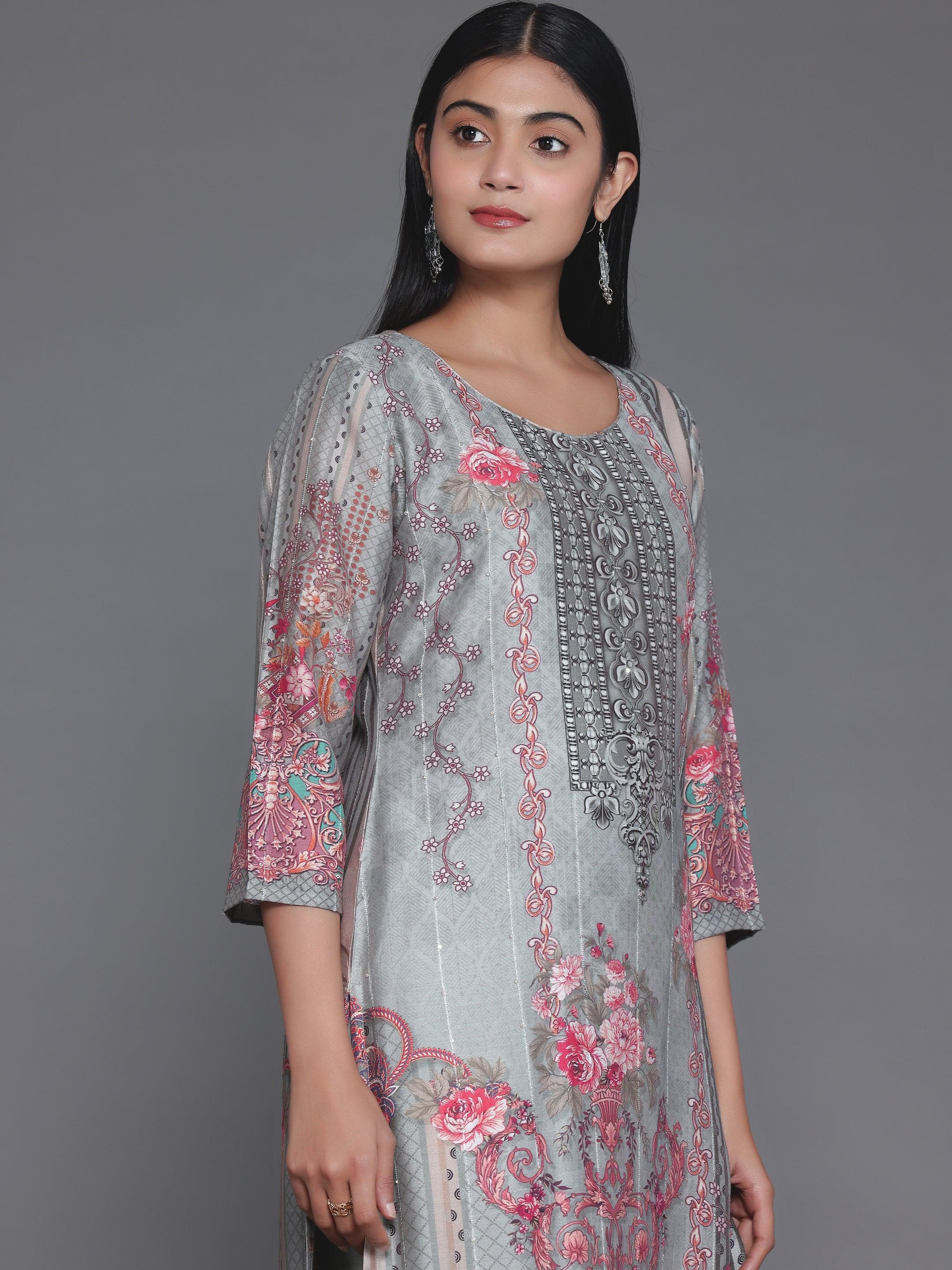 Grey Printed Silk Blend Straight Suit With Dupatta