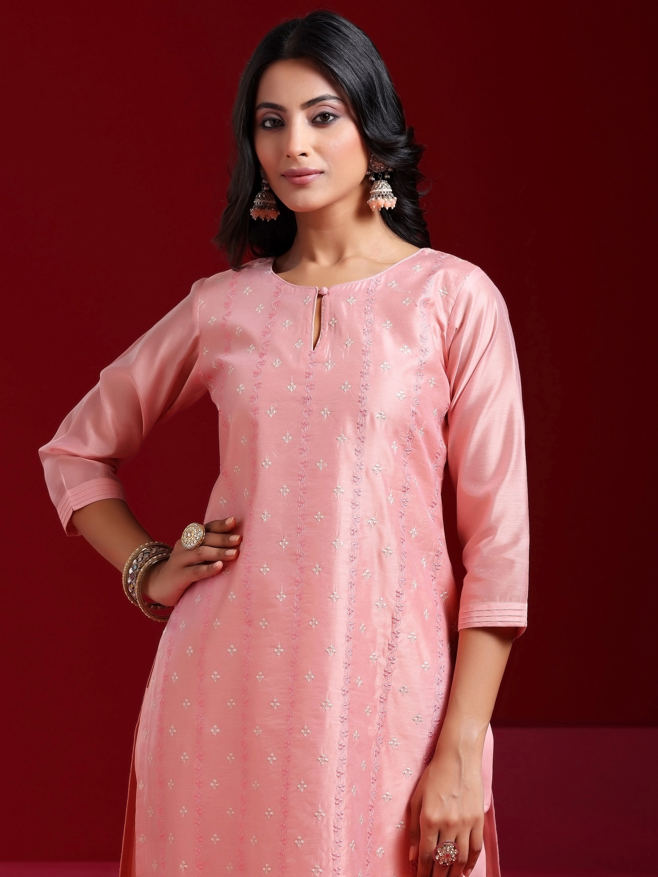 Libas Art Pink Embroidered Chanderi Silk Straight Suit With Dupatta