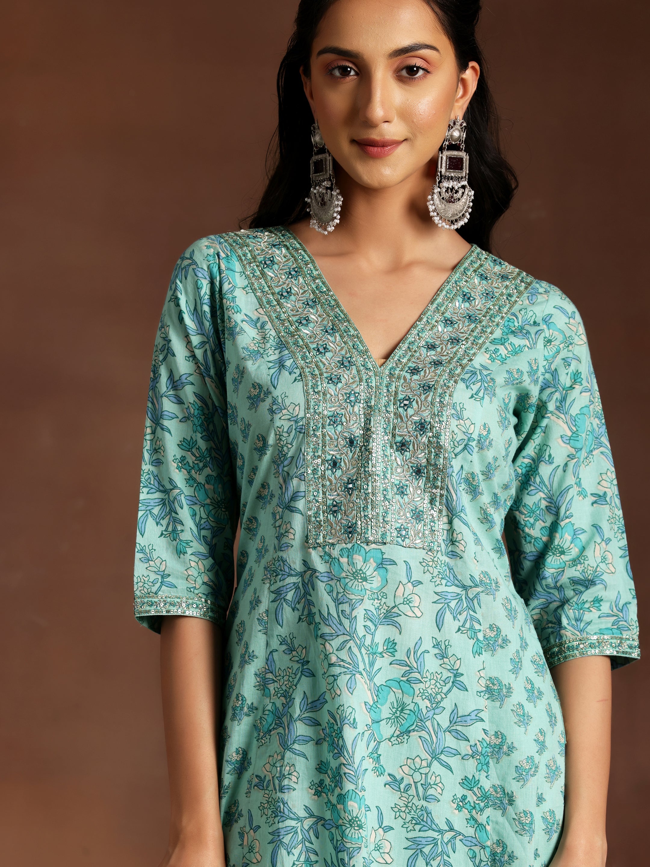 Turquoise Printed Cotton A-Line Kurta With Palazzos & Dupatta