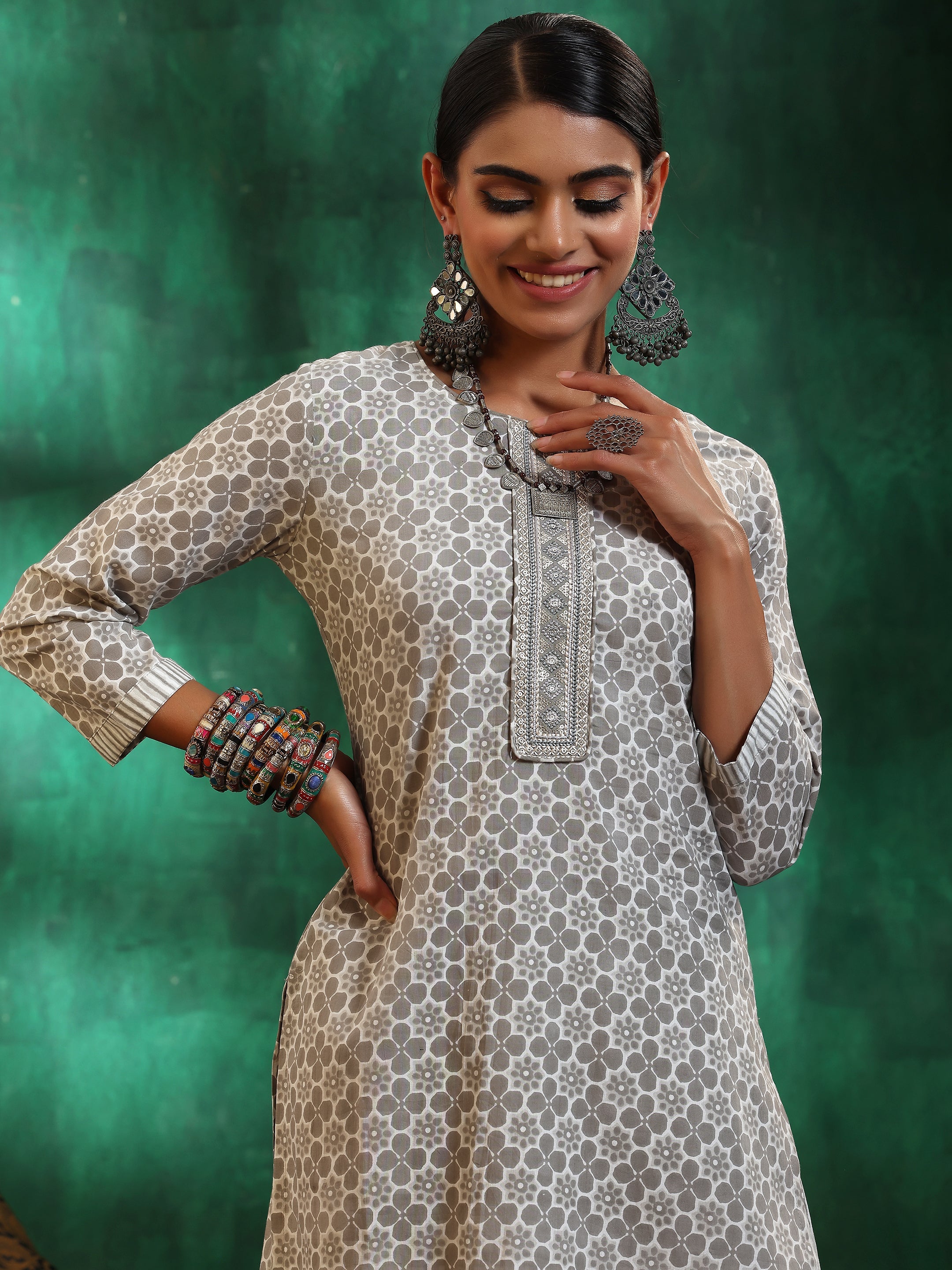 Grey Printed Cotton Straight Suit With Dupatta