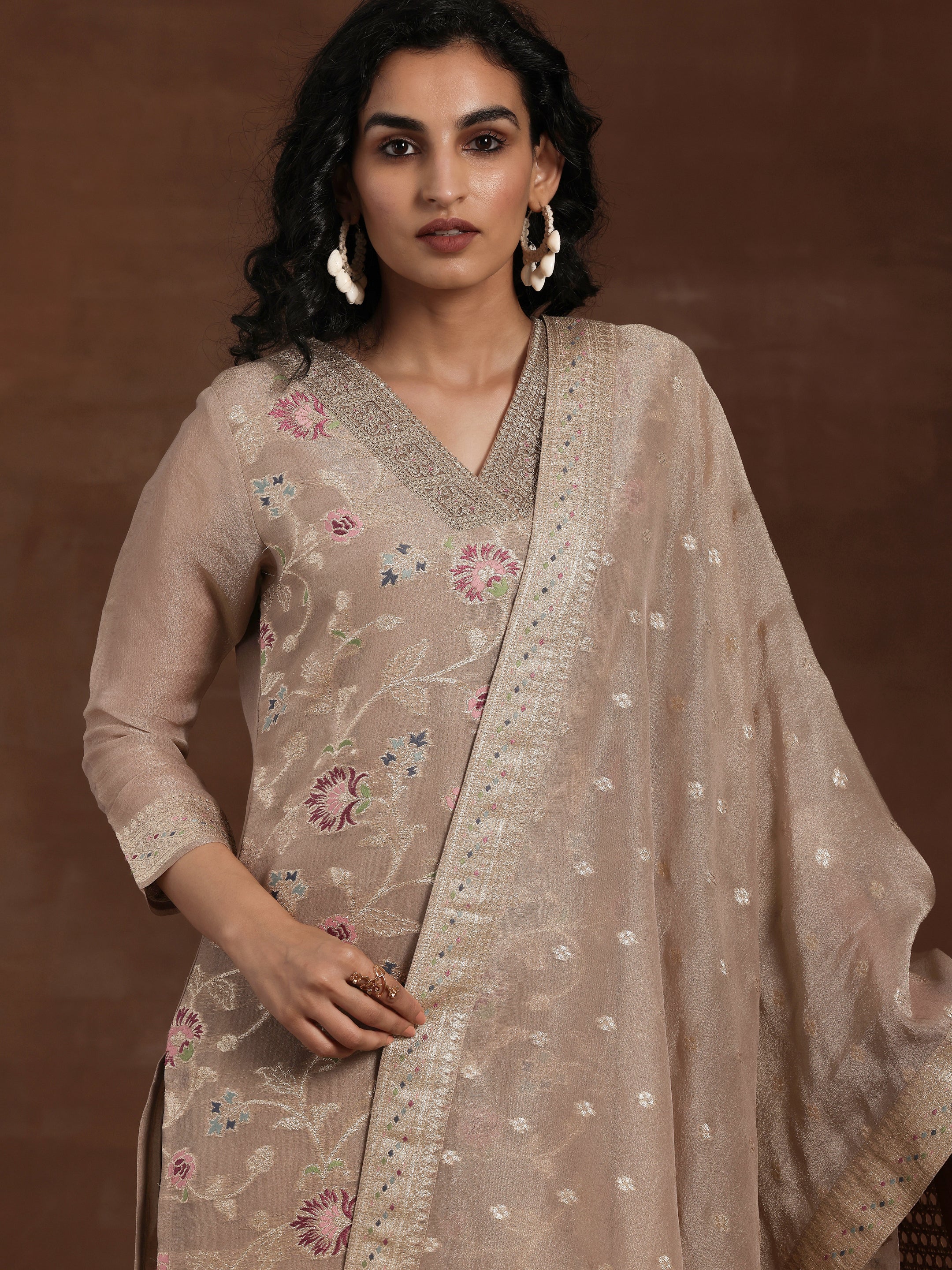 Brown Woven Design Chanderi Silk Straight Suit With Dupatta