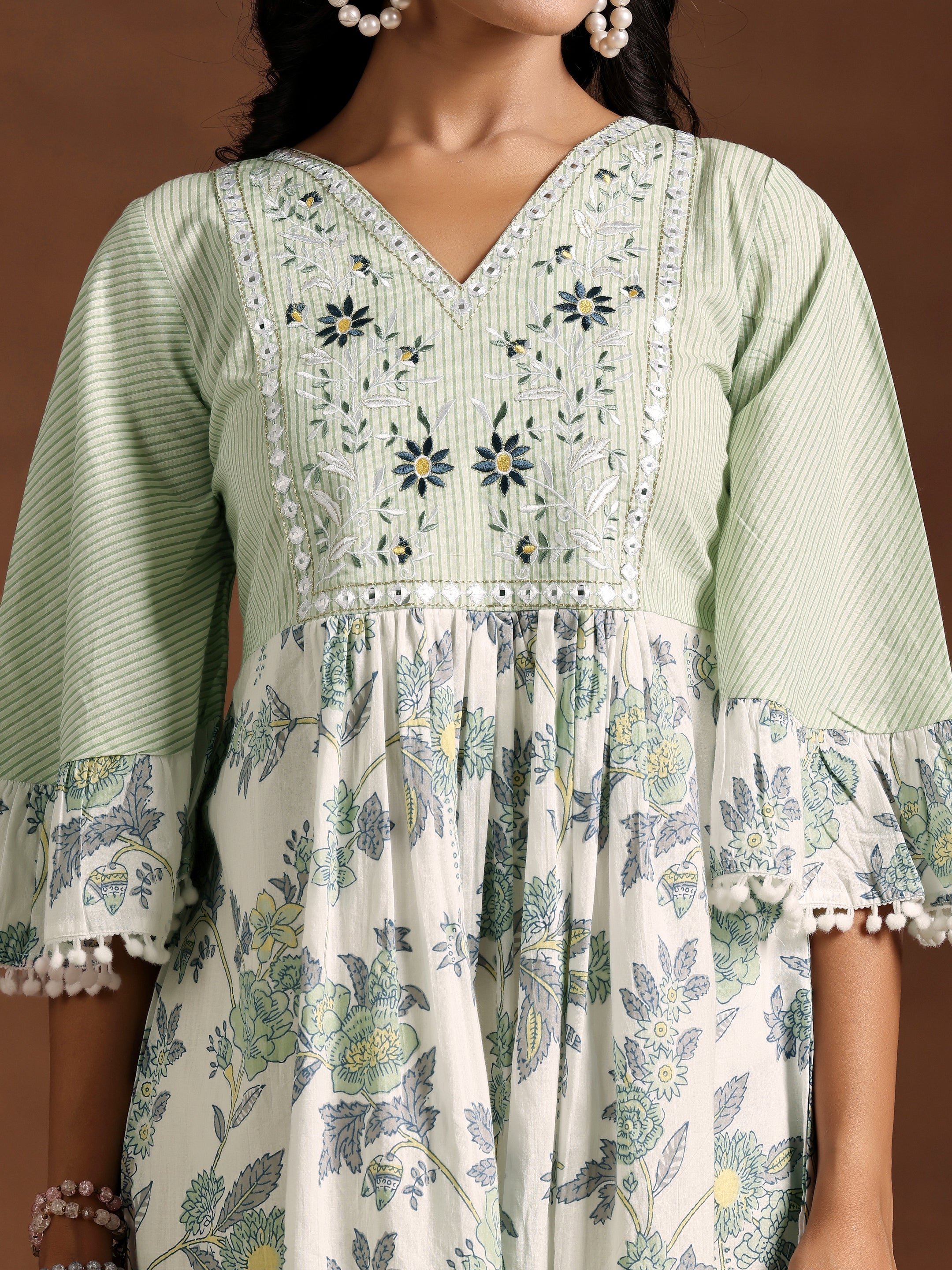 Green Printed Cotton A-Line Dress