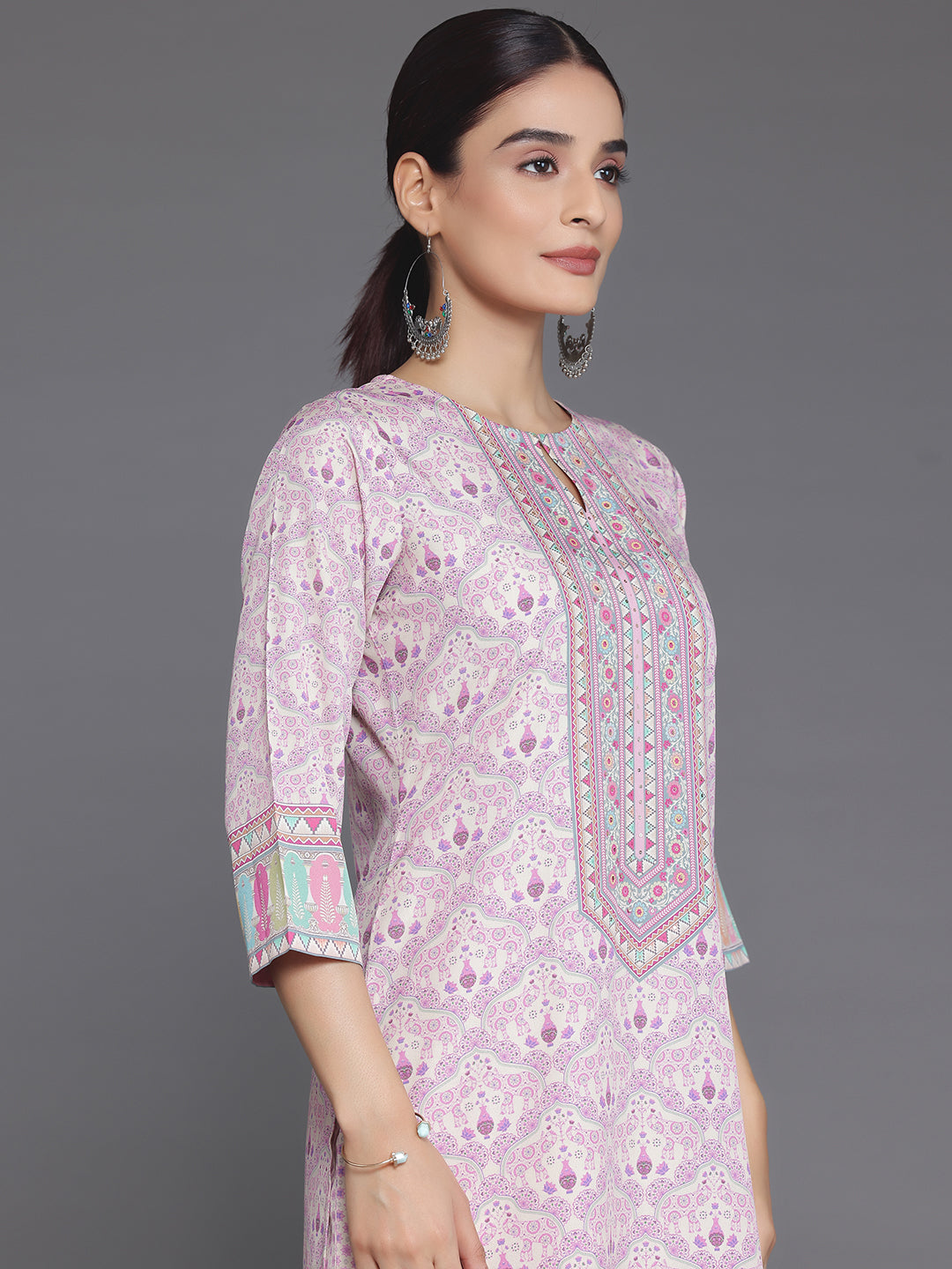 Pink Printed Poly Crepe Straight Suit With Dupatta