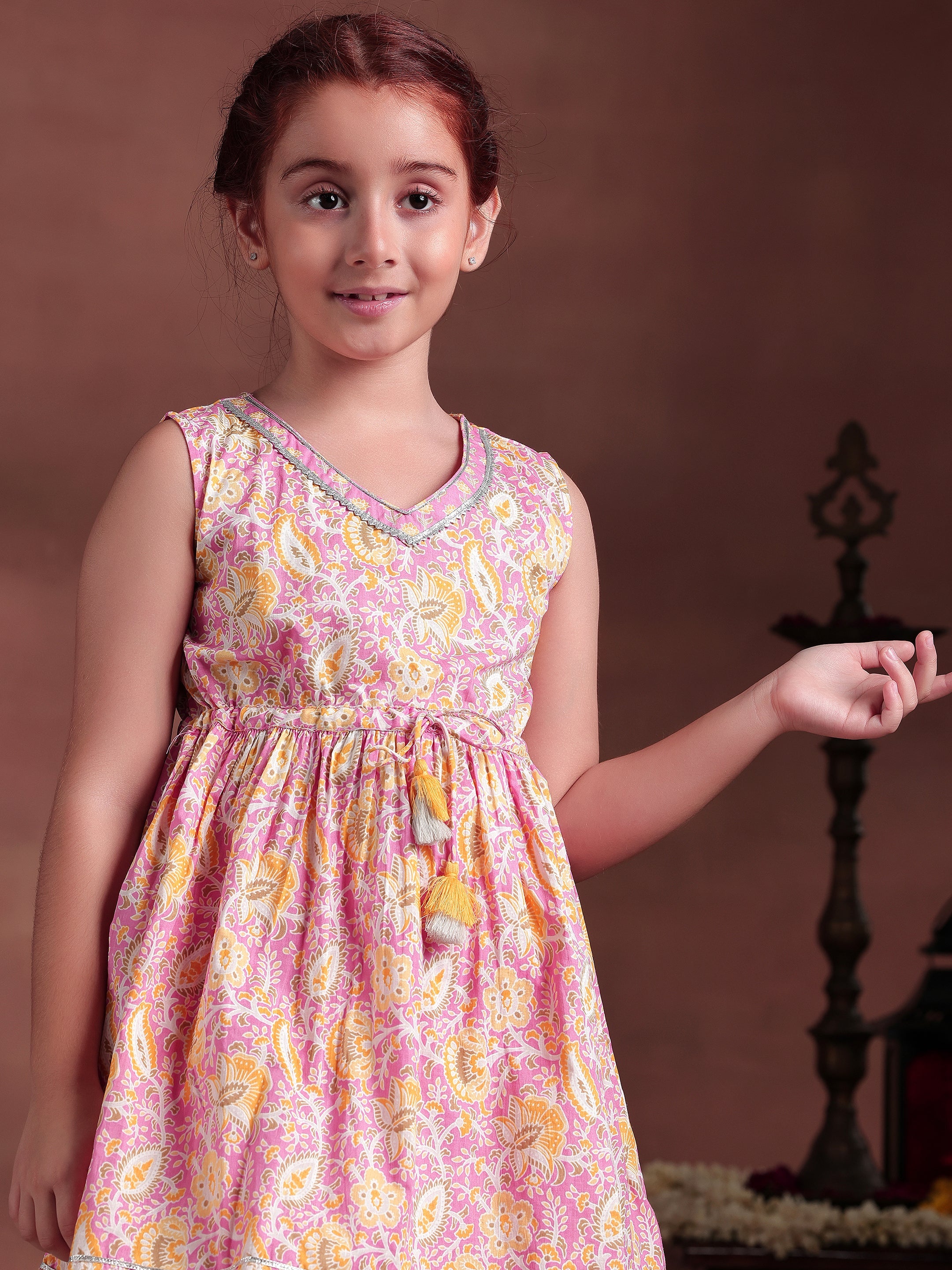 Kids Pink Printed Cotton A-Line Kurti With Salwar & Dupatta