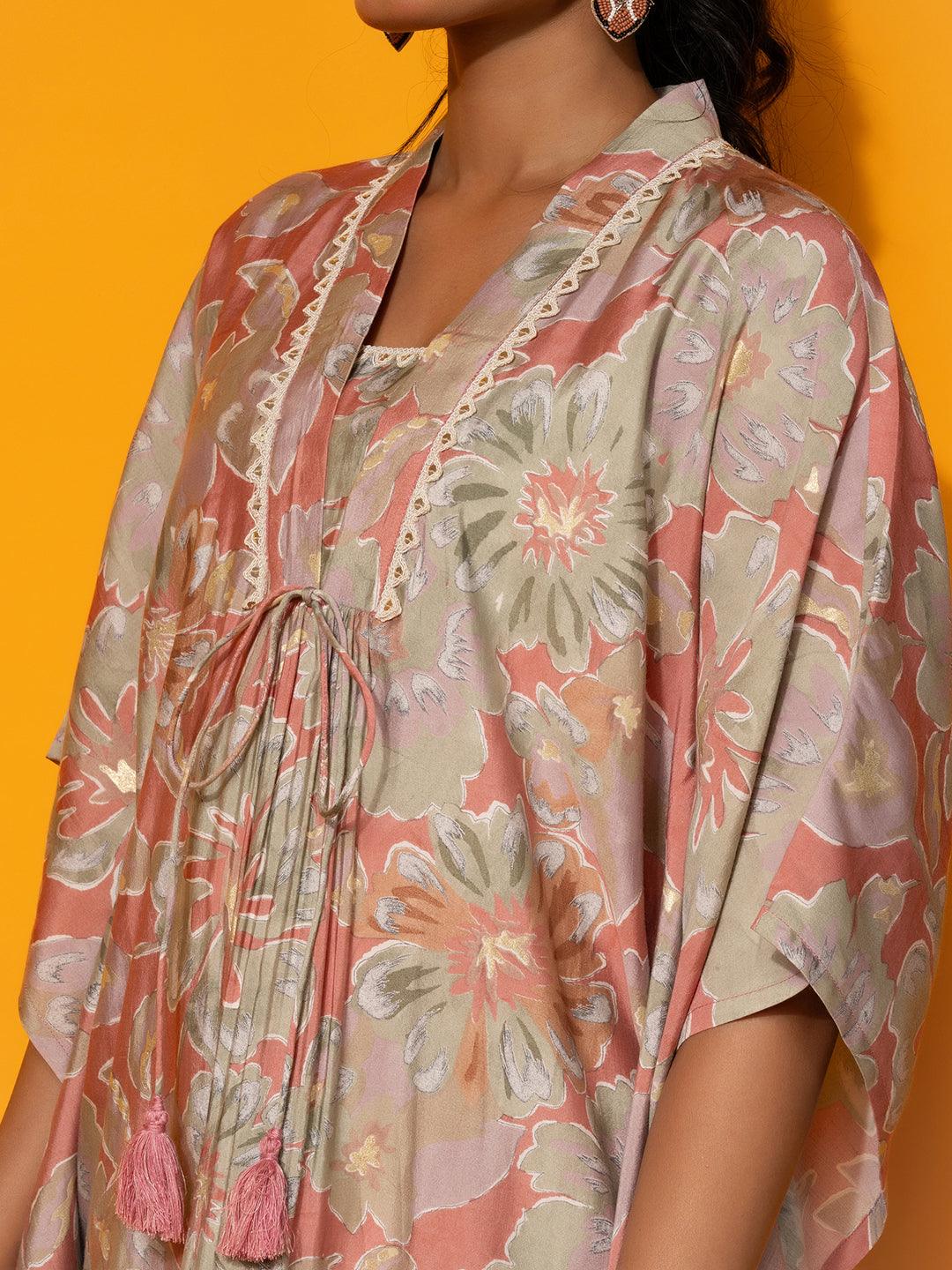 Peach Printed Silk Blend Co-Ords