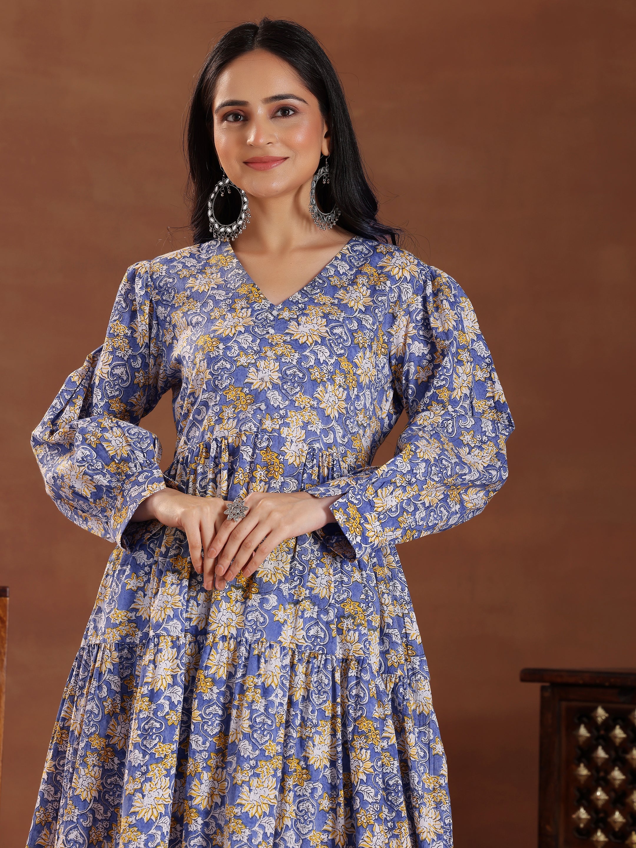 Blue Printed Cotton Fit and Flare Dress