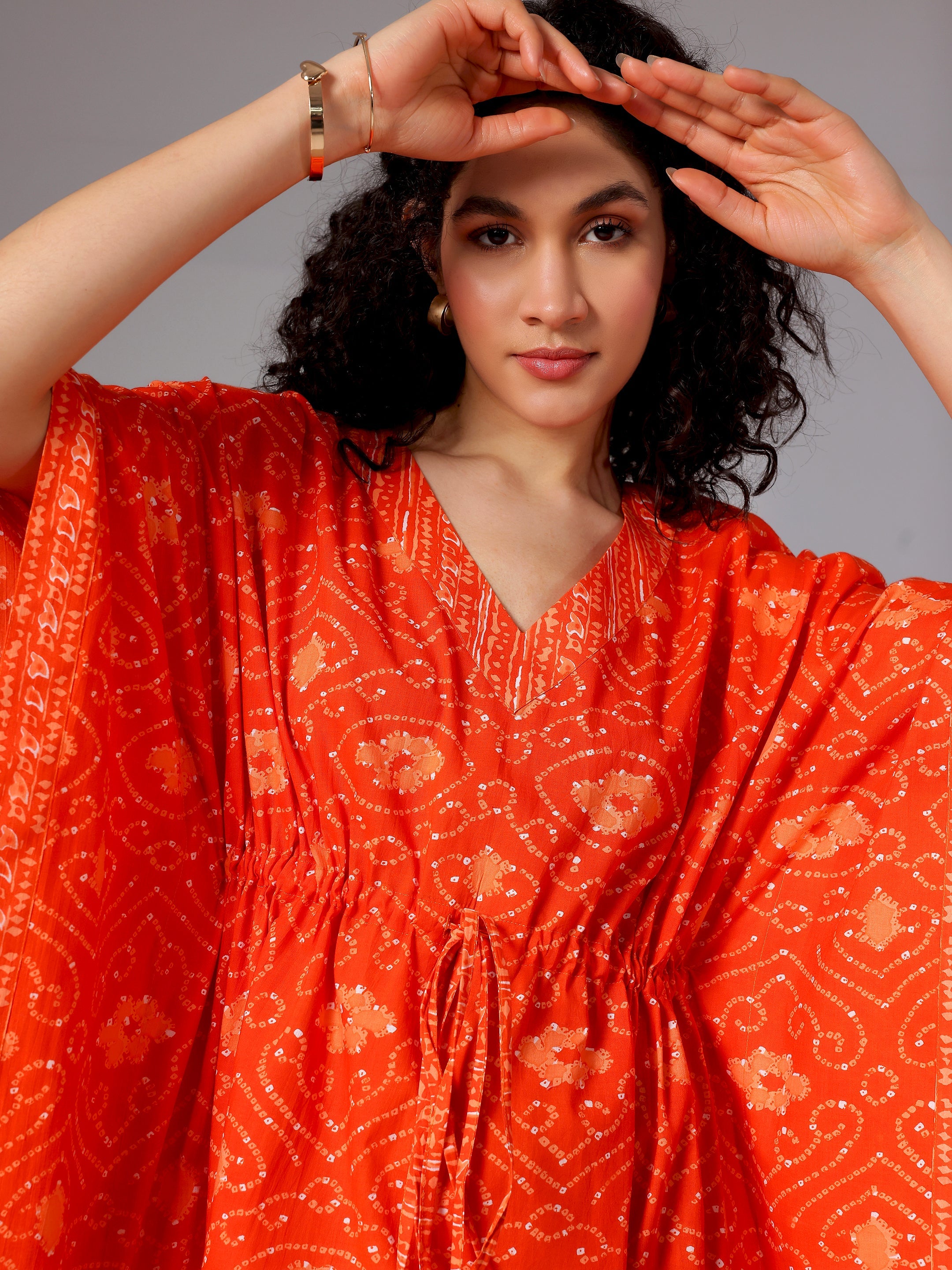 Orange Printed Cotton Kaftan Night Dress