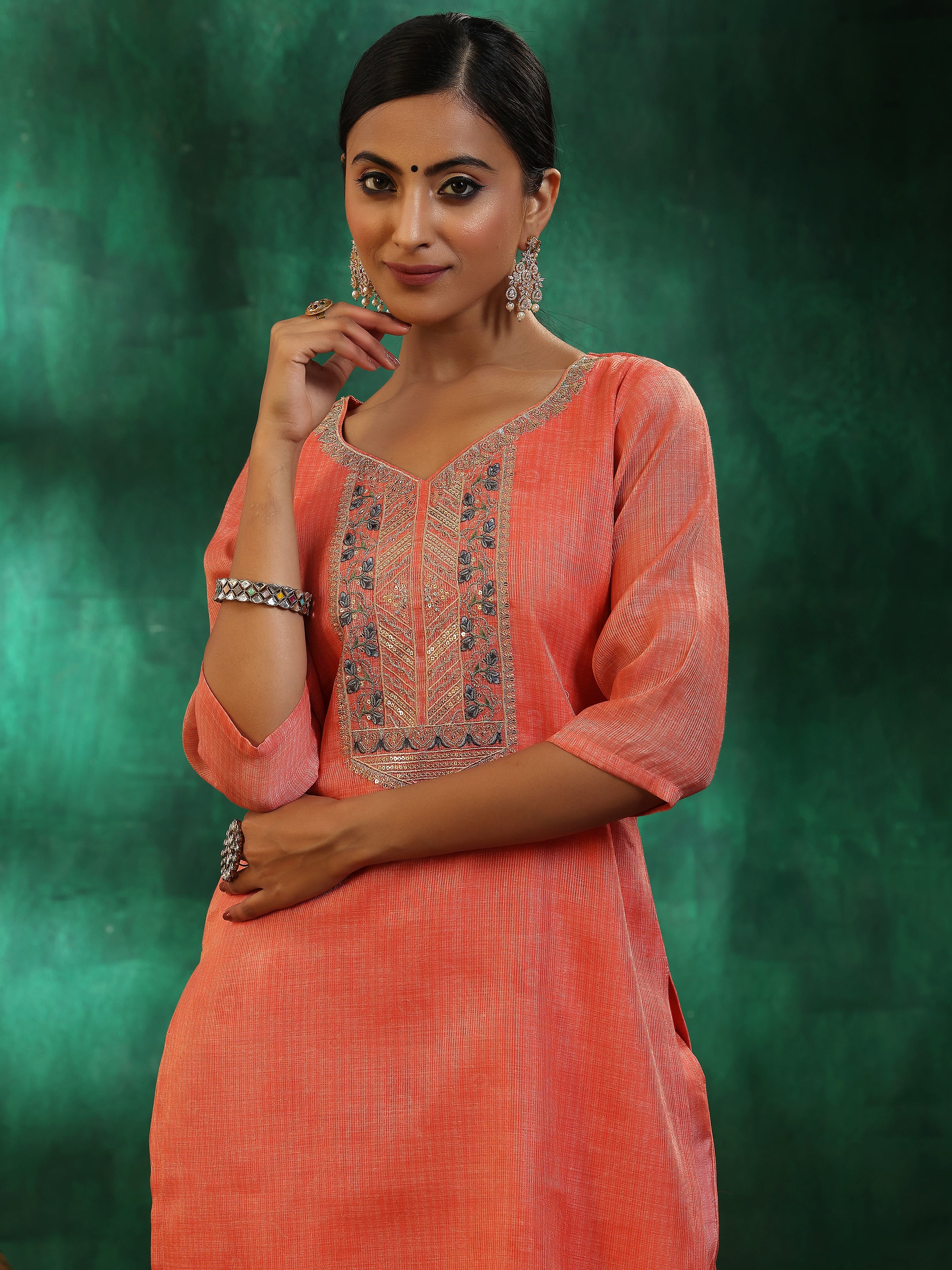 Peach Yoke Design Silk Blend Straight Suit With Dupatta