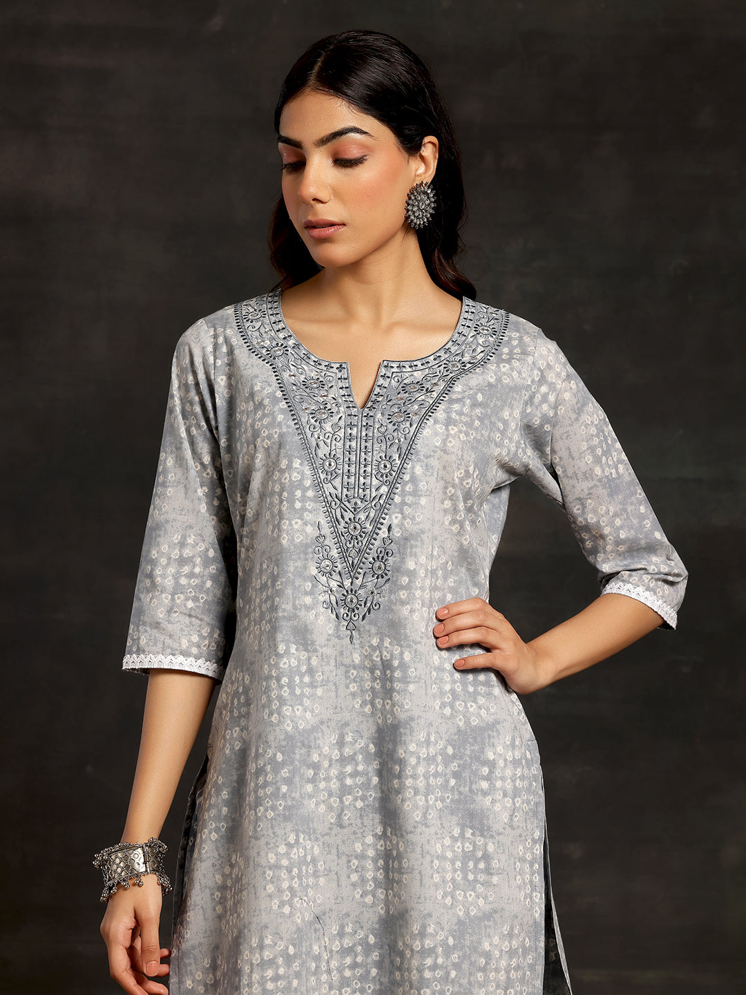 Grey Printed Cotton Straight Suit With Dupatta