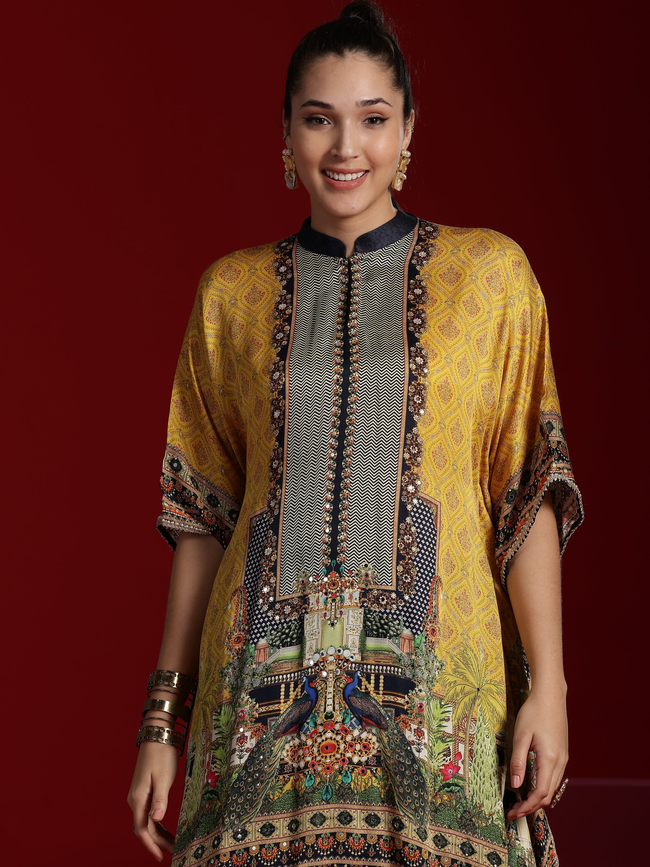 Libas Art Mustard Printed Silk Blend Straight Kurta With Palazzos