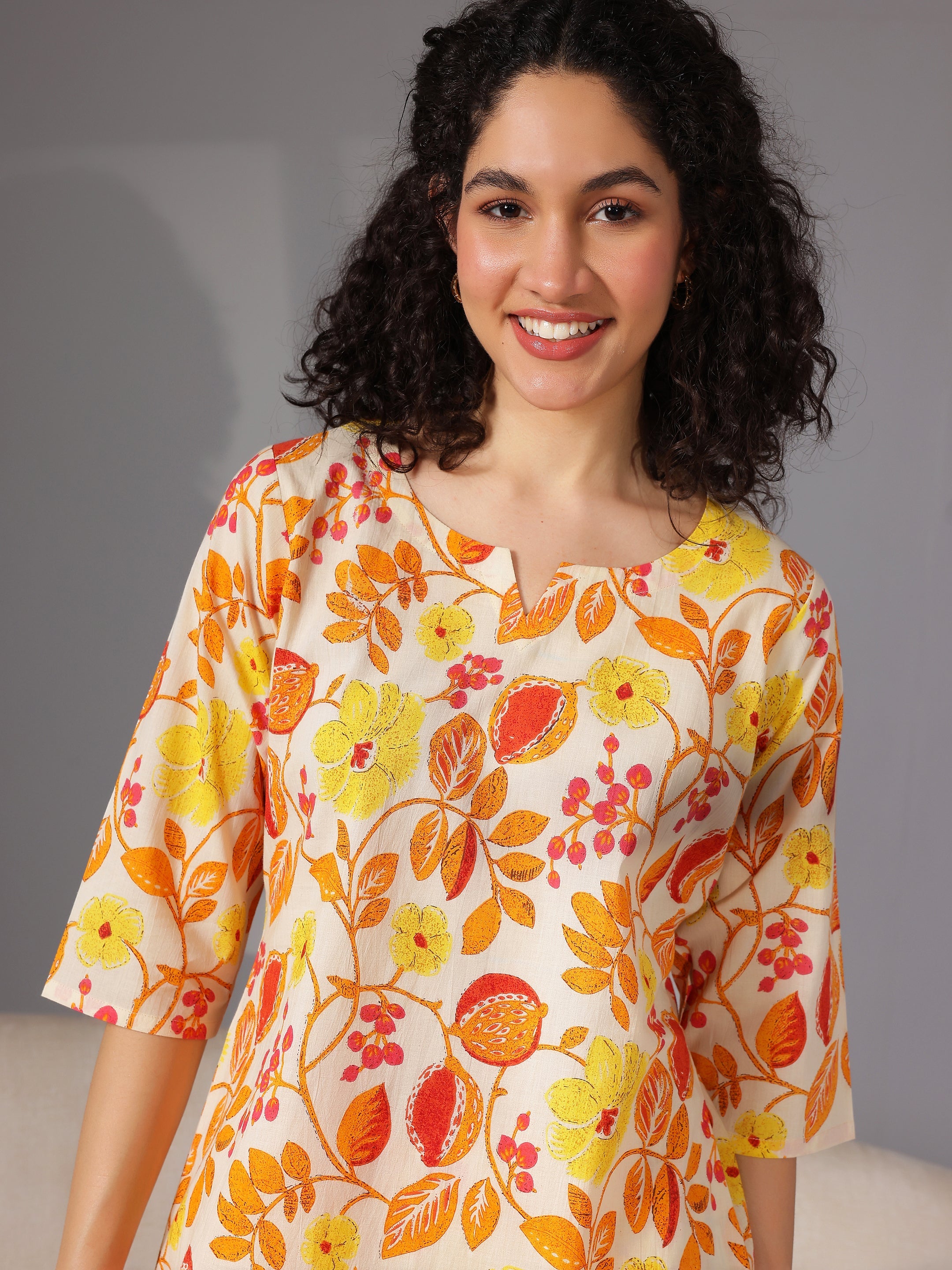 Yellow Printed Cotton Night Suits