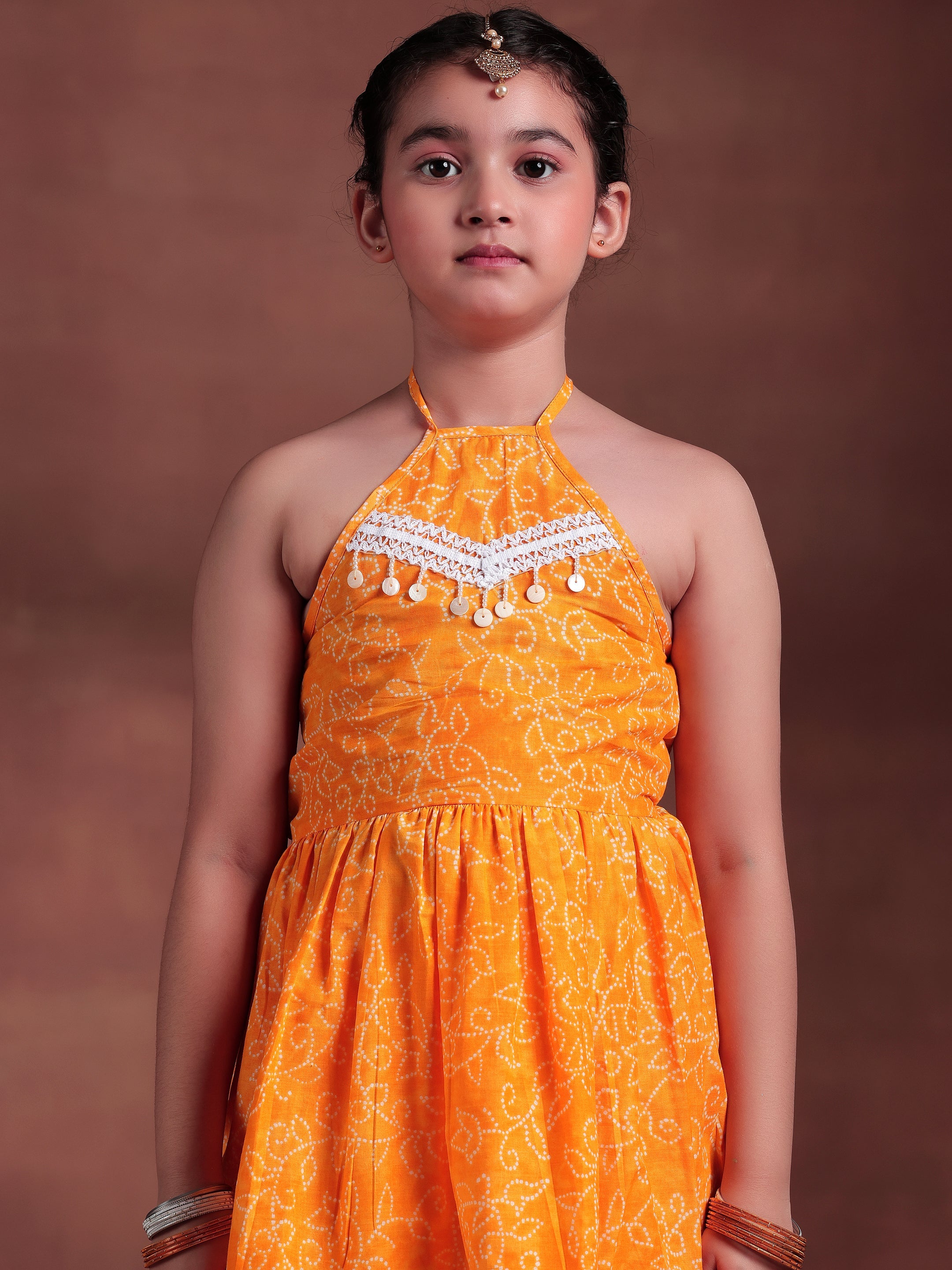 Kids Mustard Printed Cotton A-Line Top With Palazzos & Dupatta