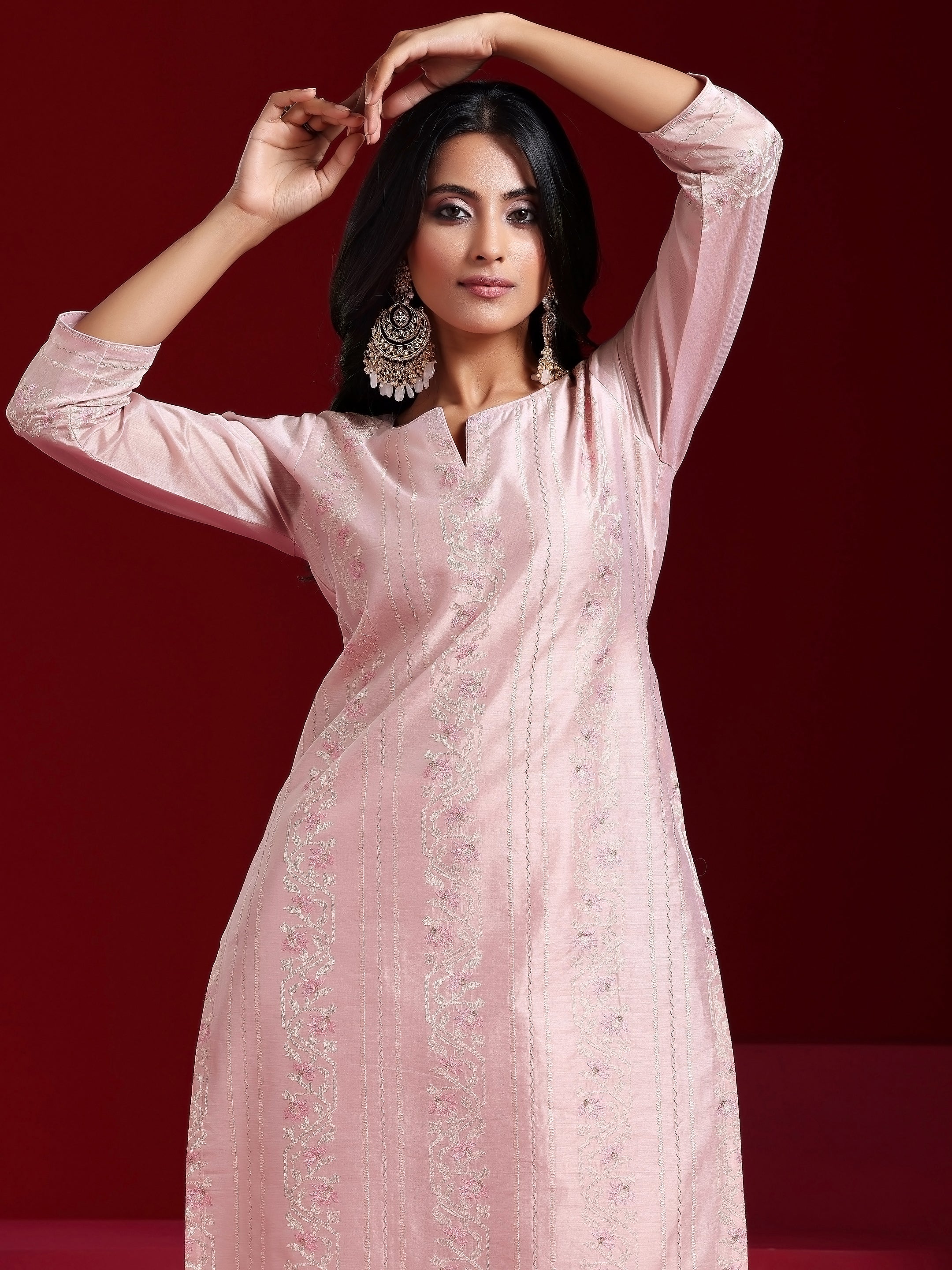 Libas Art Pink Embroidered Chanderi Silk Straight Suit With Dupatta