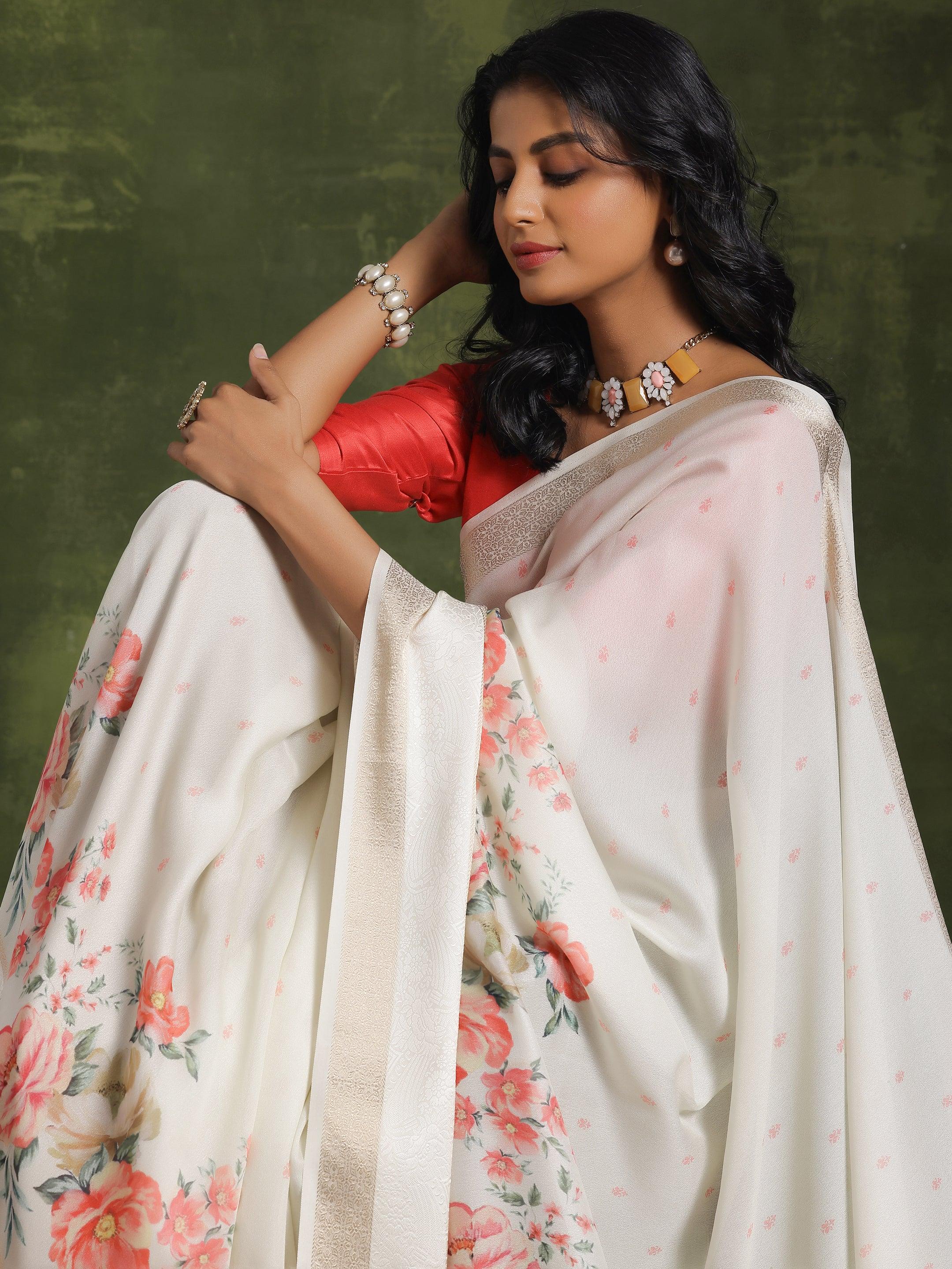 Off White Printed Silk Blend Saree With Unstitched Blouse Piece