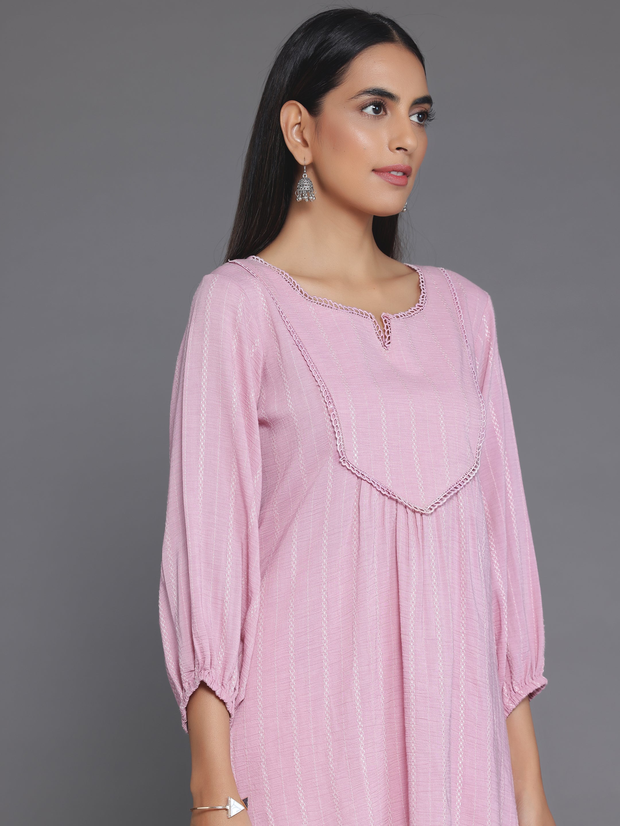 Pink Woven Design Cotton Blend A-Line Kurti