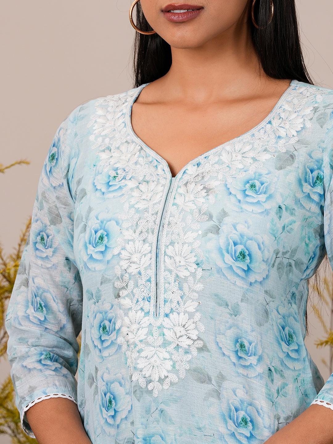 Blue Printed Linen Straight Suit With Dupatta