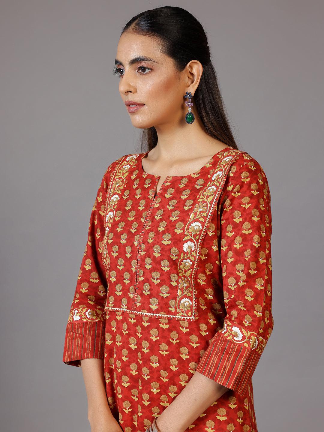 Rust Printed Cotton Straight Suit With Dupatta