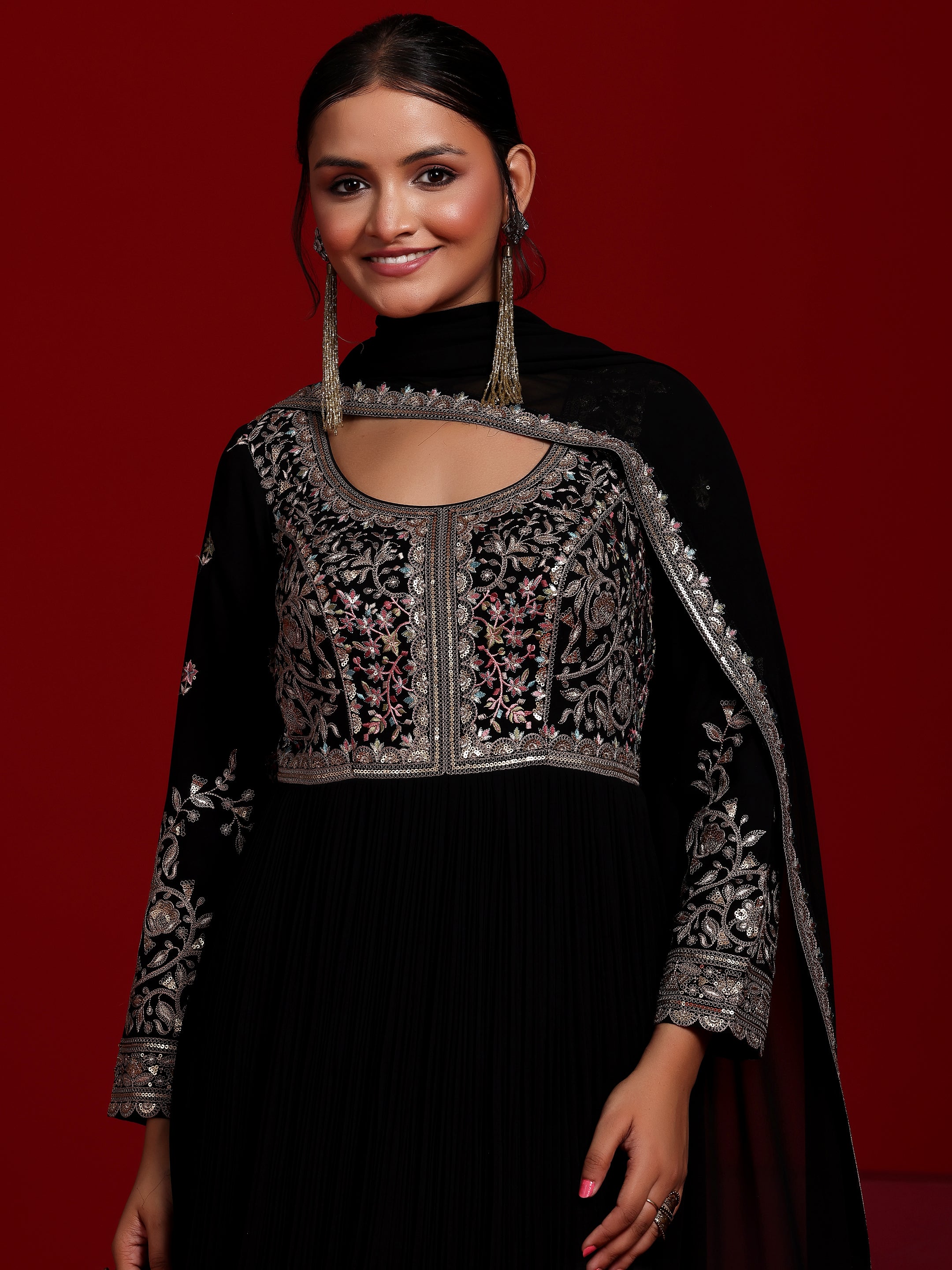 Libas Art Black Embroidered Georgette A-Line Kurta With Trousers & Dupatta