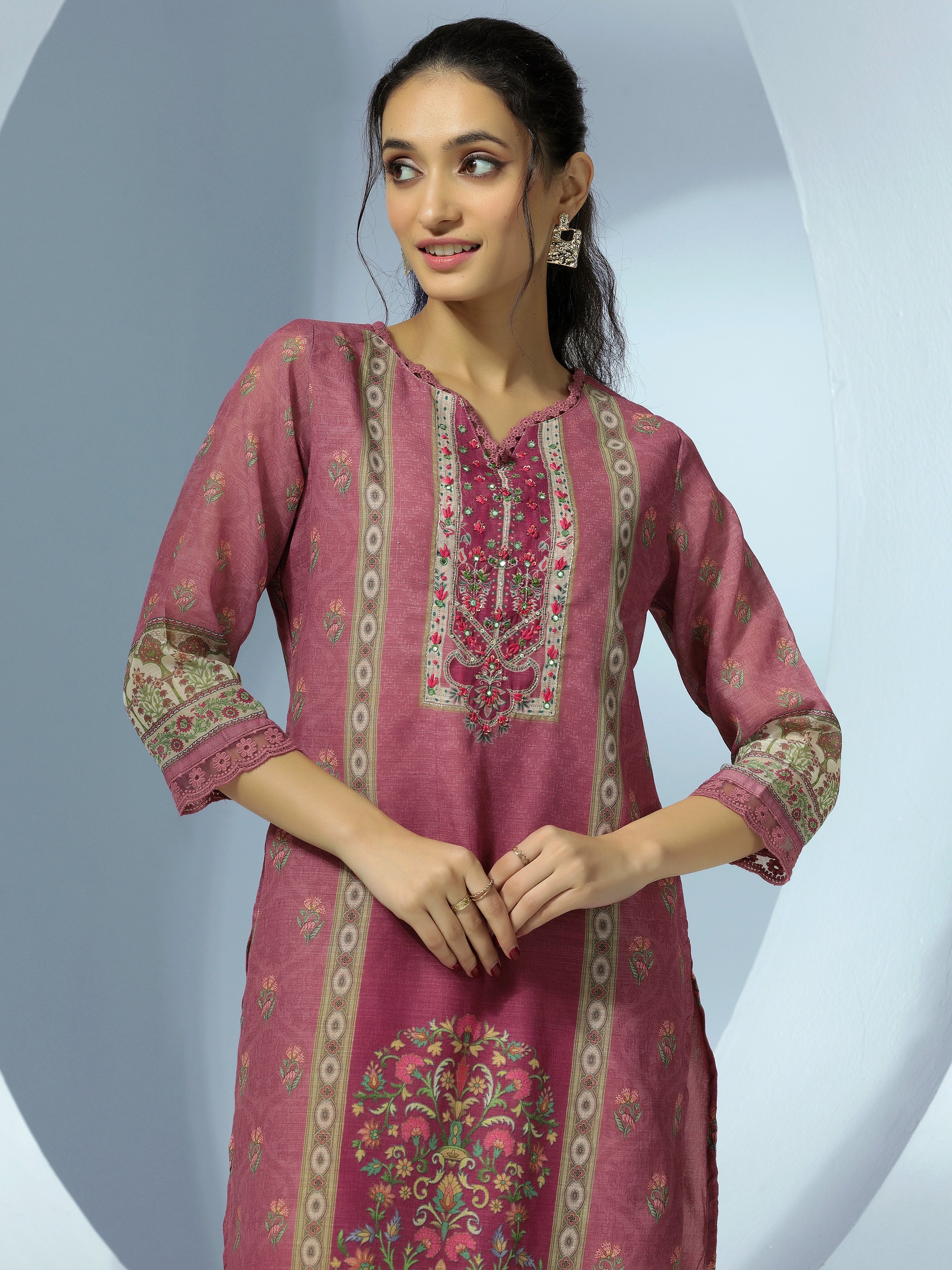 Mauve Printed Linen Straight Suit With Dupatta