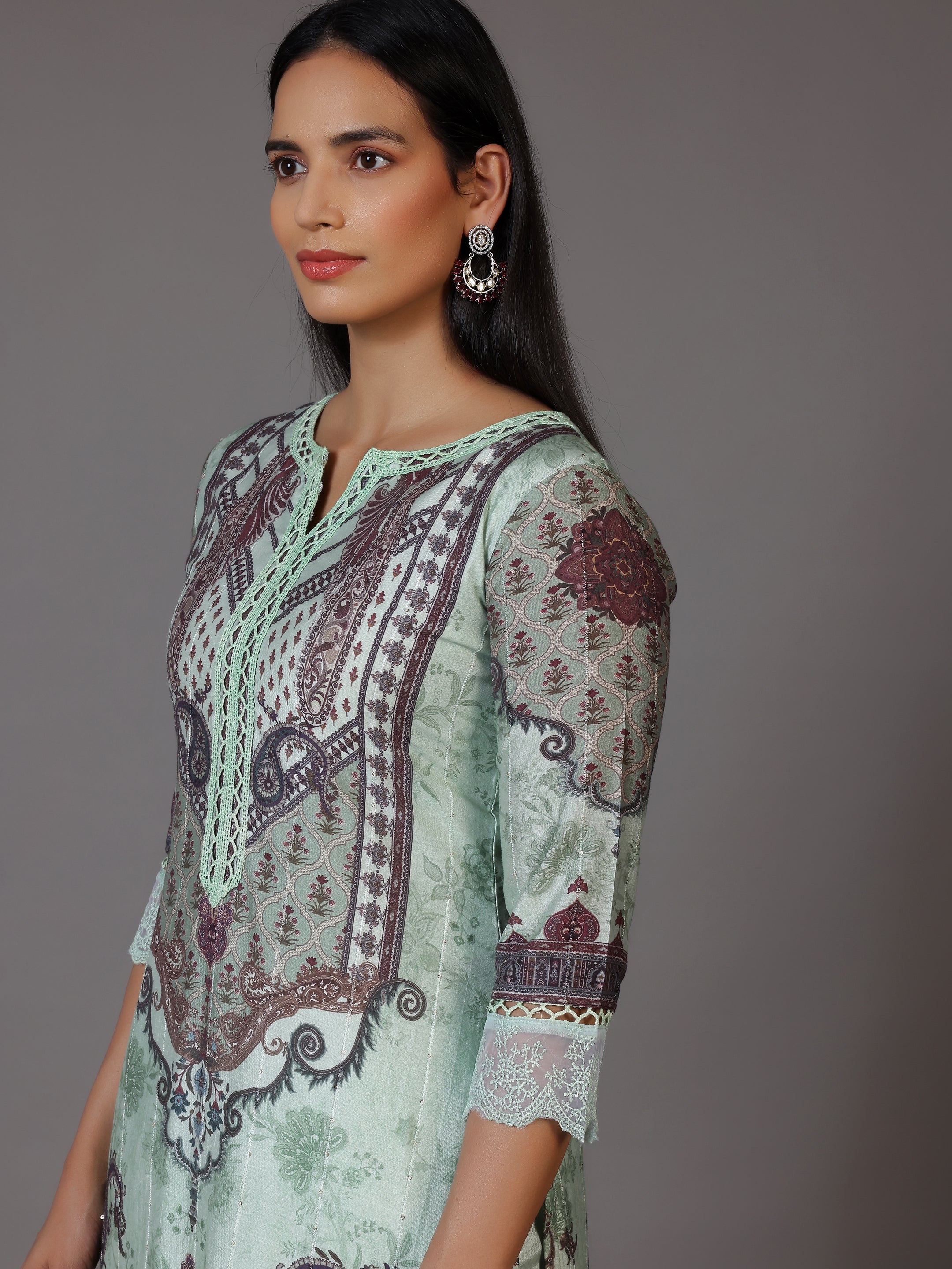 Green Printed Silk Blend Straight Suit With Dupatta