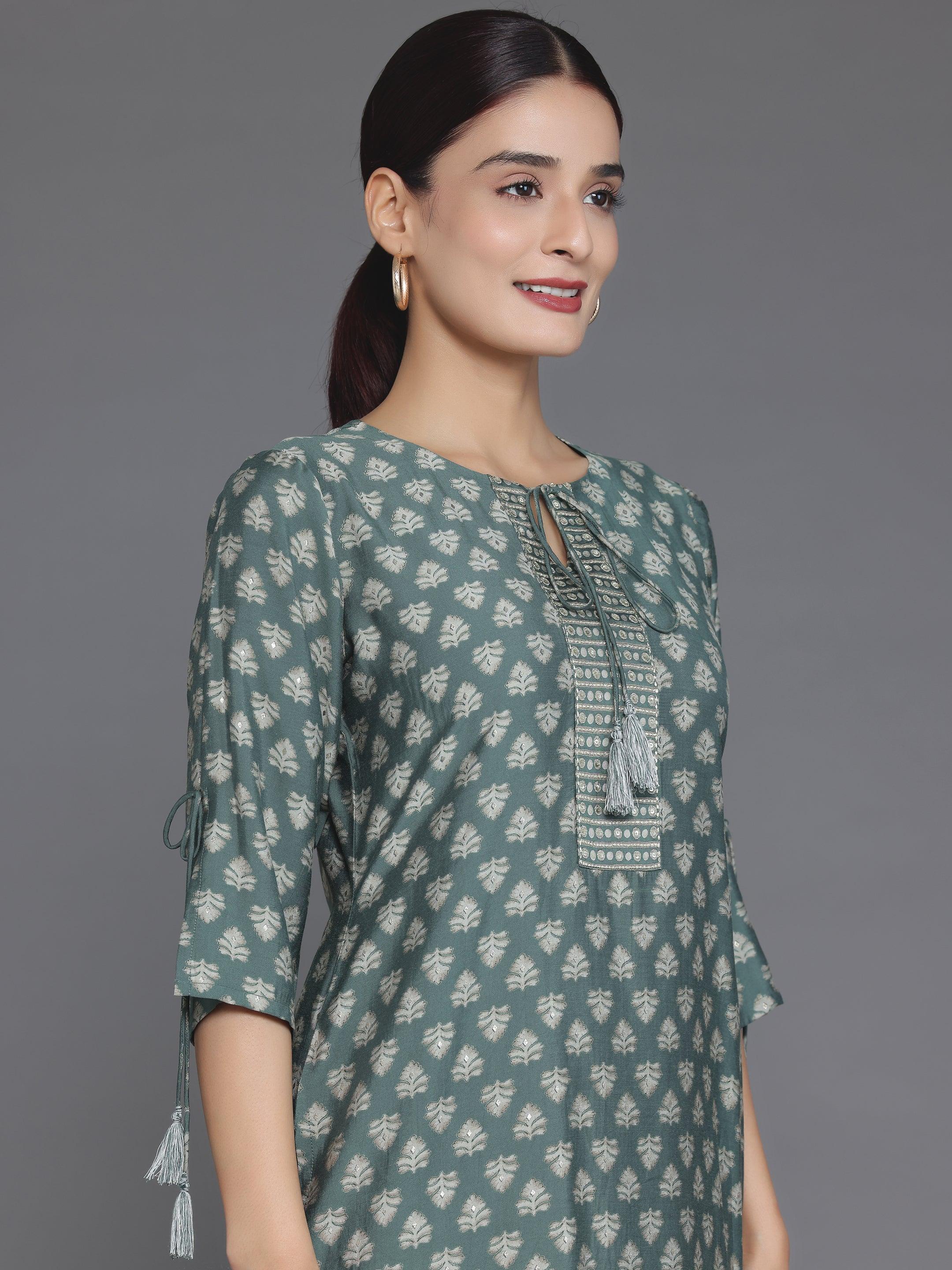 Green Printed Silk Blend Straight Kurta Set