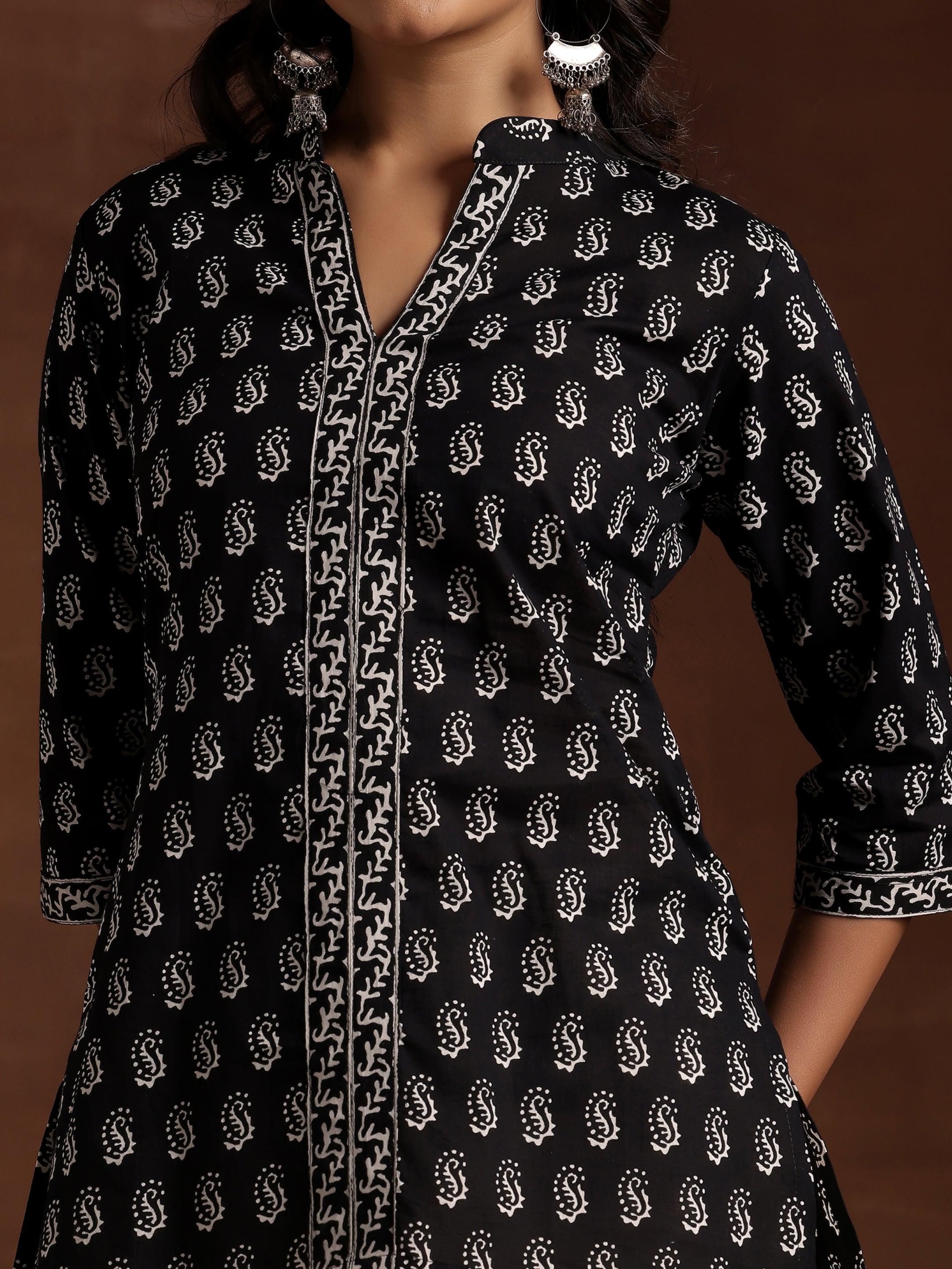 Black Printed Cotton Straight Kurti