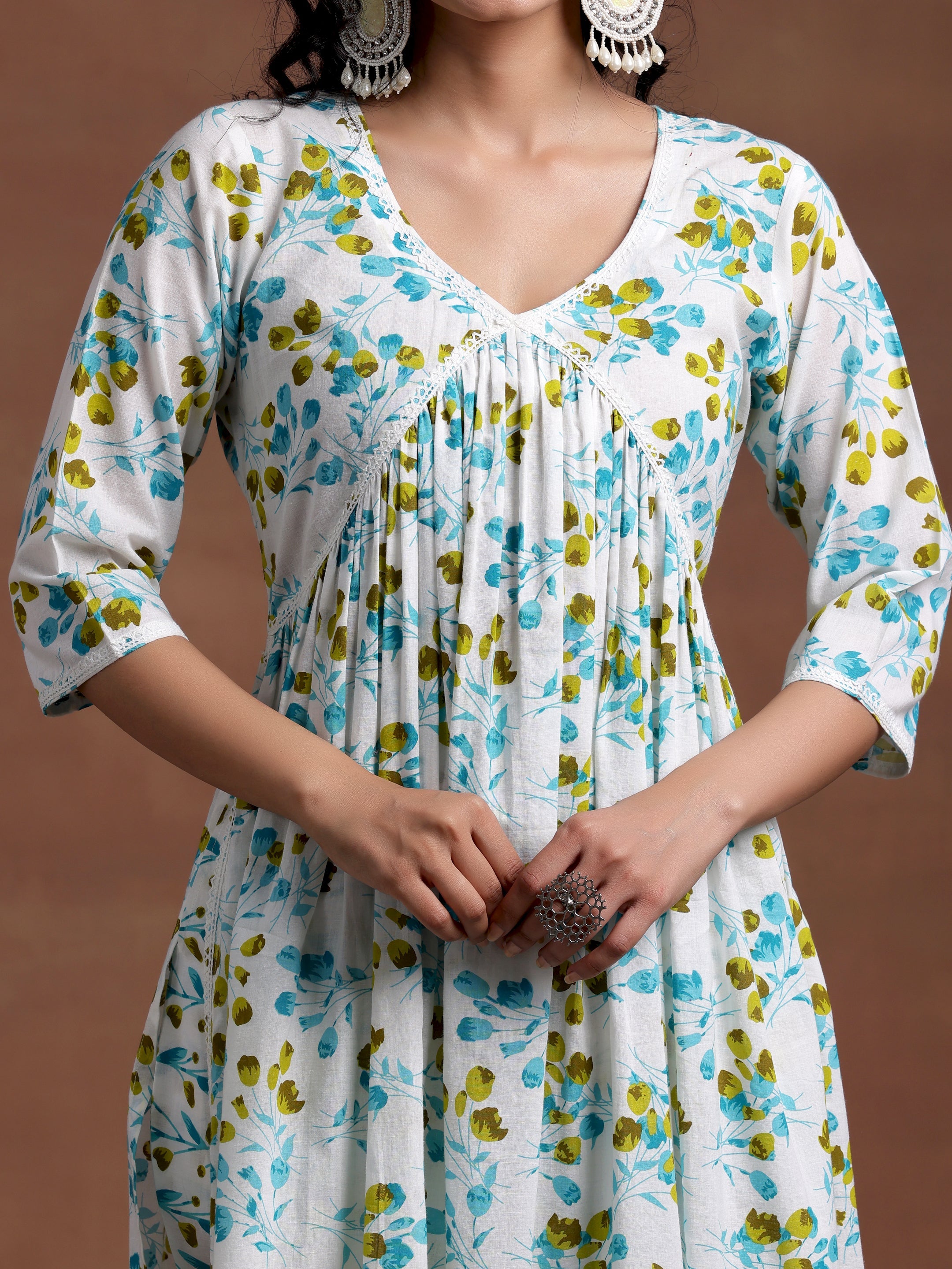 Off White Printed Cotton A-Line Kurta With Palazzos & Dupatta