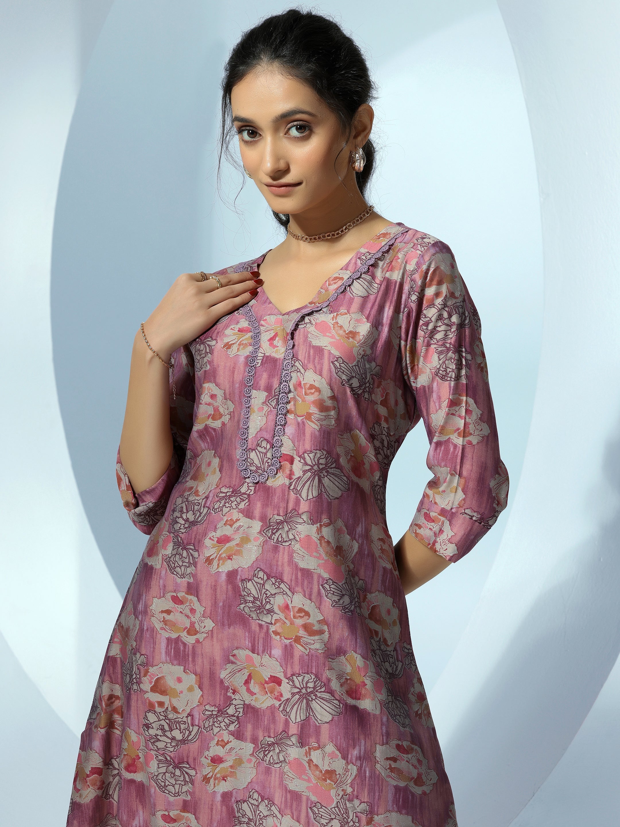 Mauve Printed Silk Blend Kurta Set