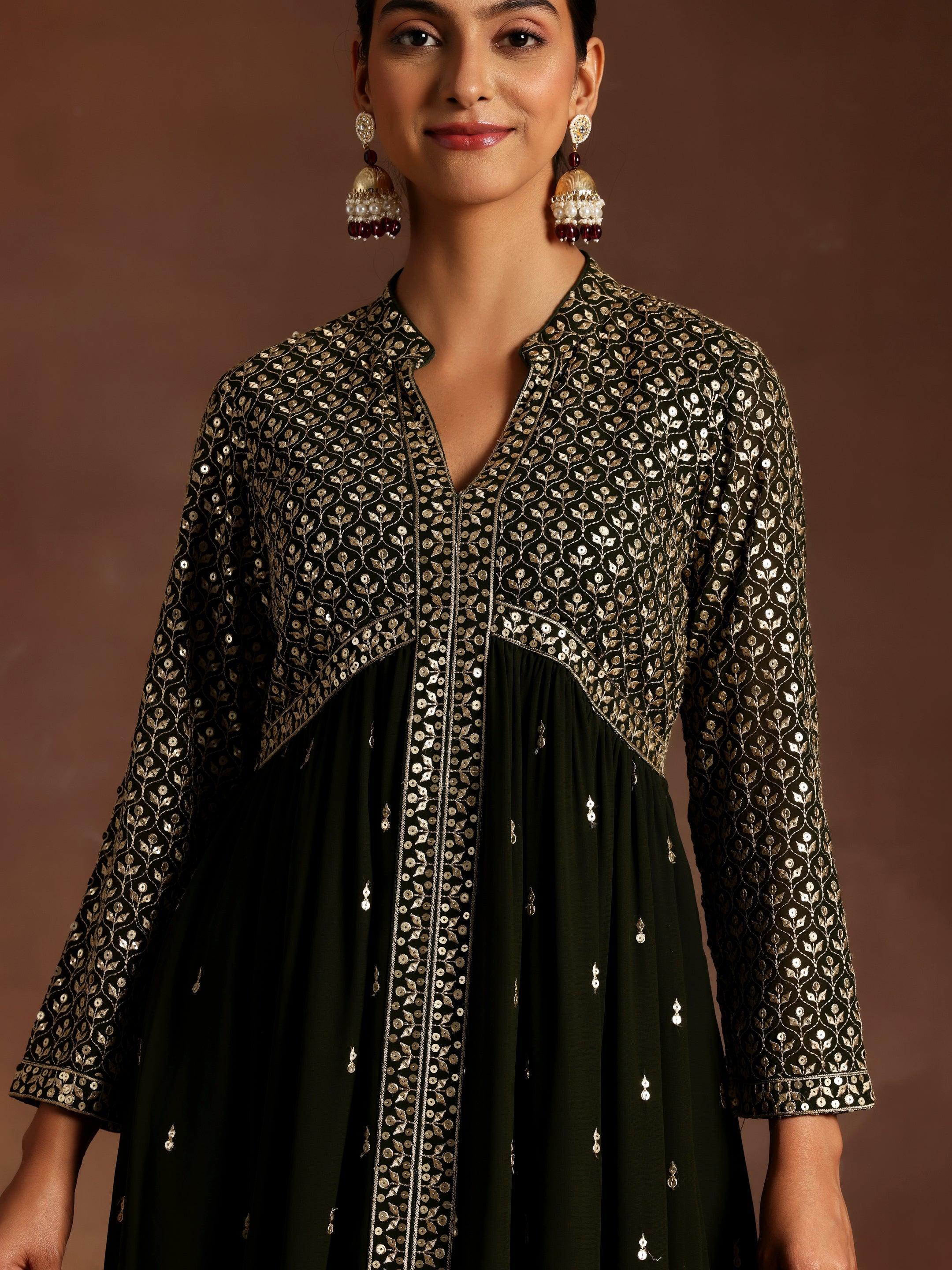 Chandni Olive Embroidered Georgette A-Line Kurta With Trousers & Dupatta