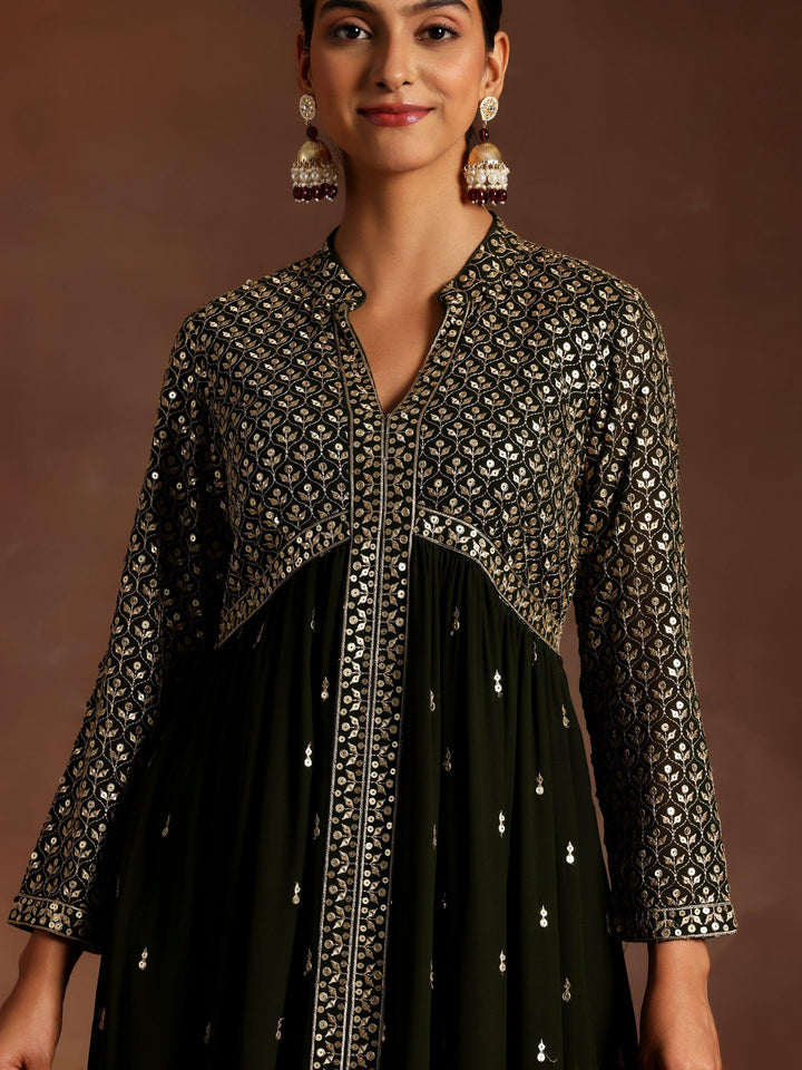 Olive Embroidered Georgette A-Line Kurta With Trousers & Dupatta - ShopLibas