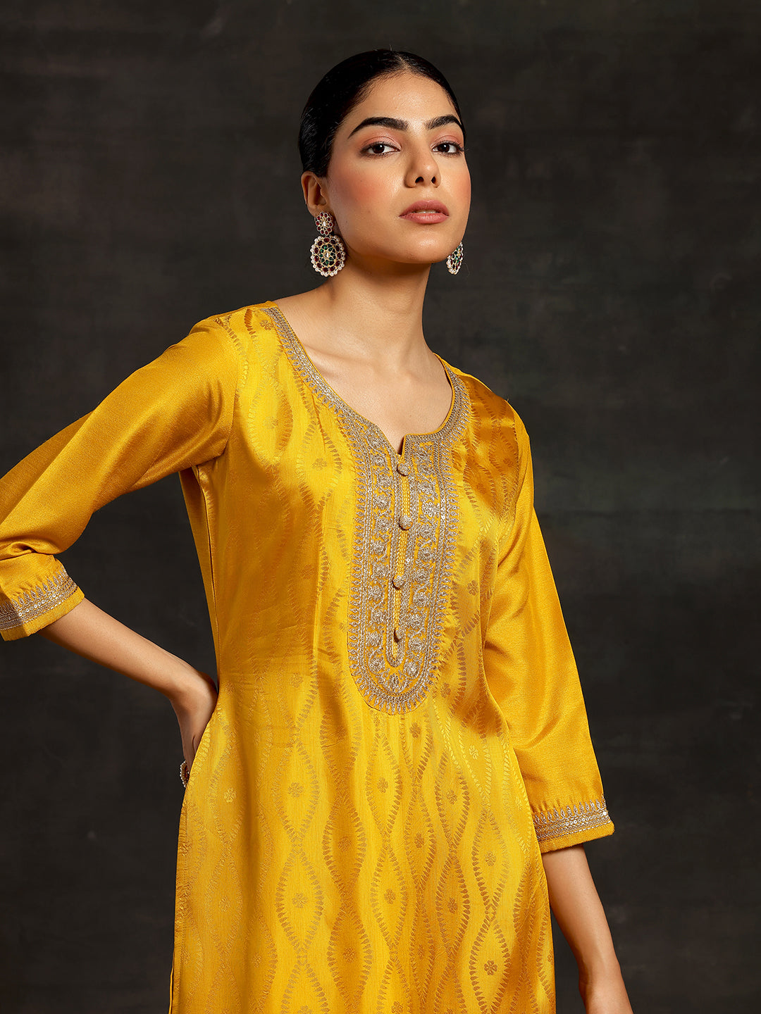 Mustard Woven Design Silk Blend Straight Suit With Dupatta