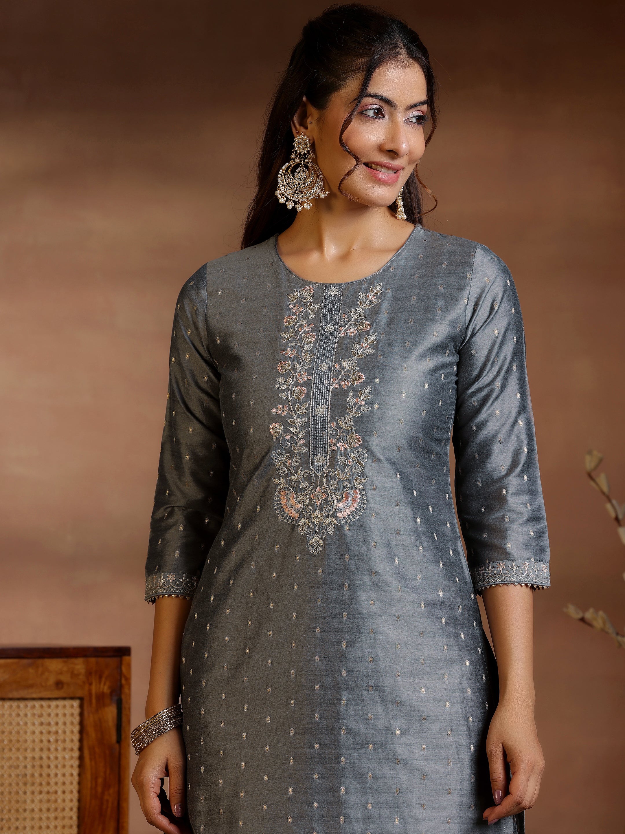 Grey Yoke Design Silk Blend Straight Suits With Dupatta