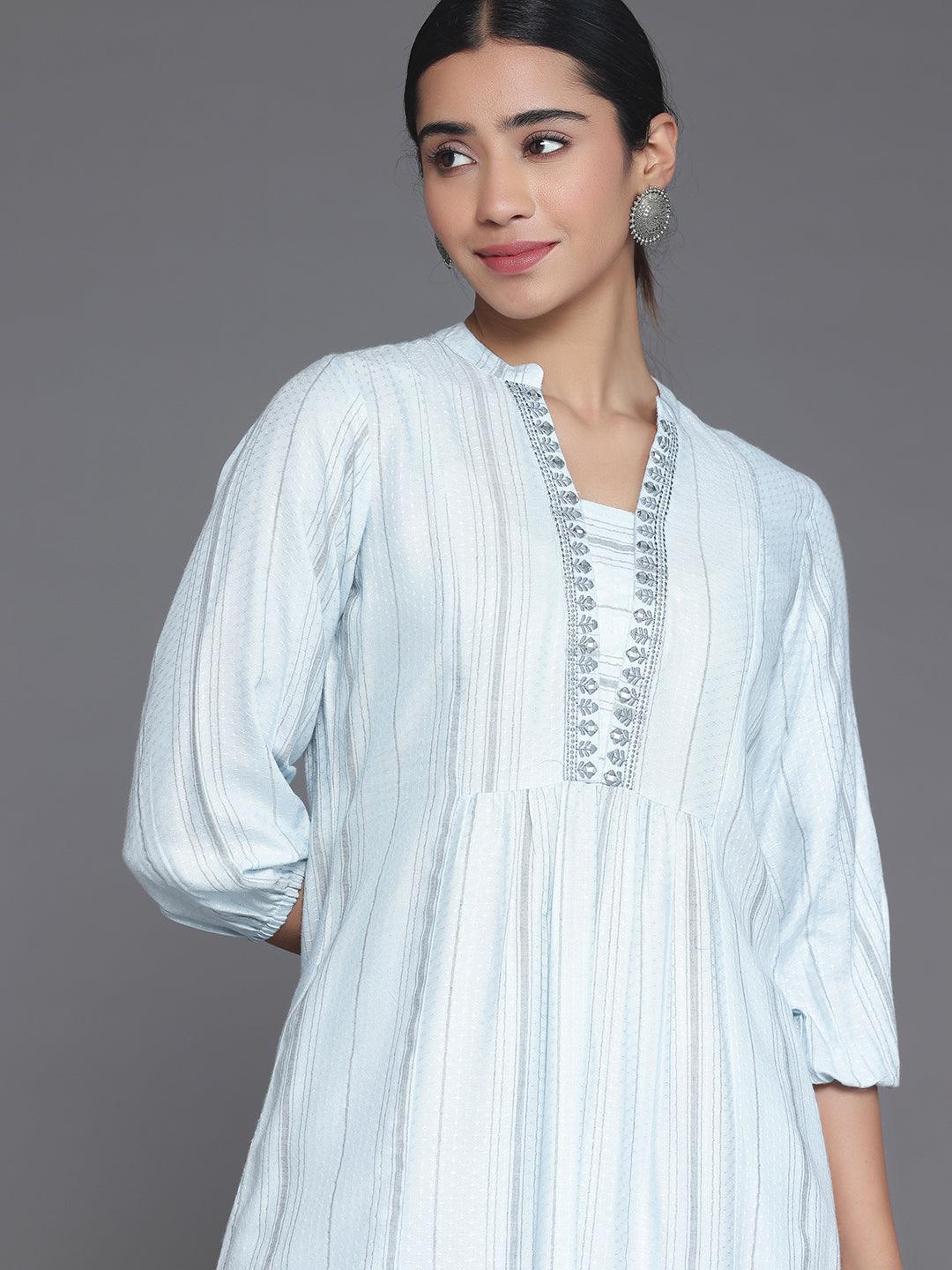 Blue Woven Design Cotton Blend Straight Kurti