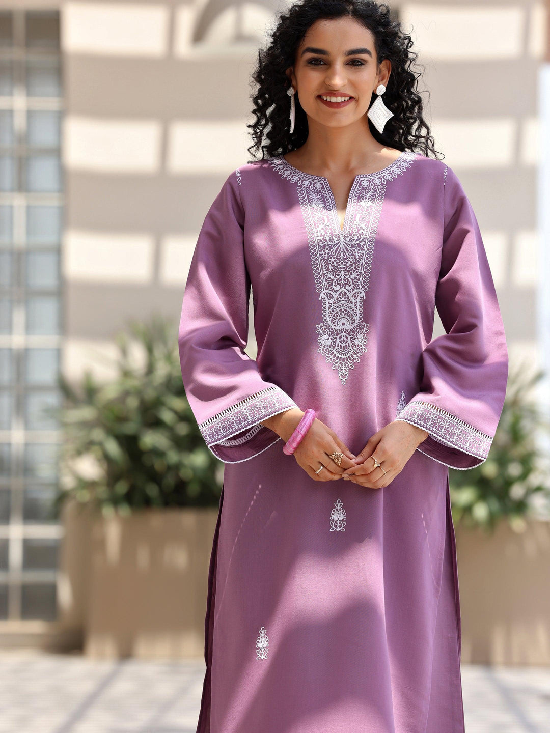 Mauve Embroidered Silk Blend Straight Suit With Dupatta - Libas