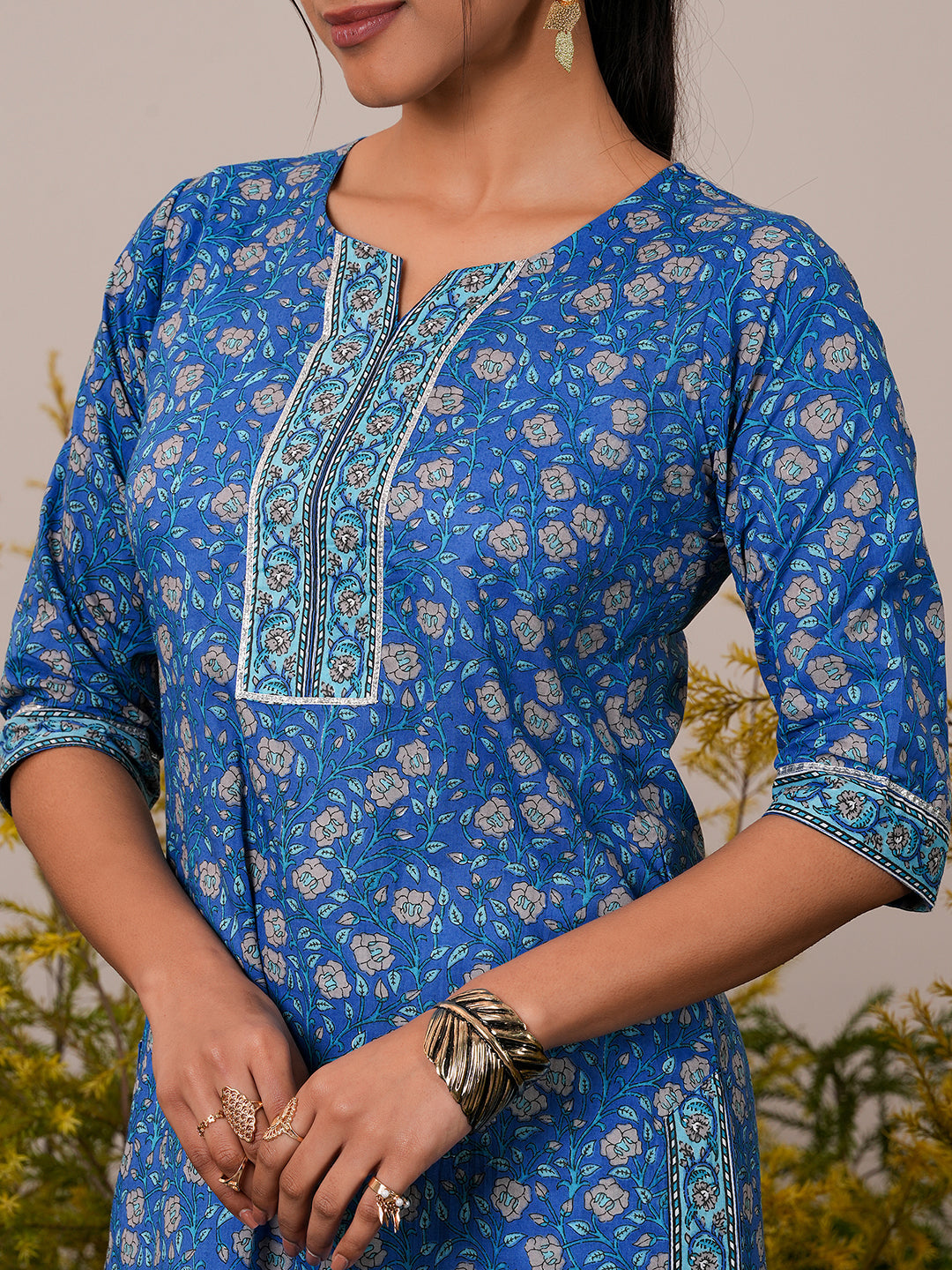 Blue Printed Cotton Straight Suit With Dupatta