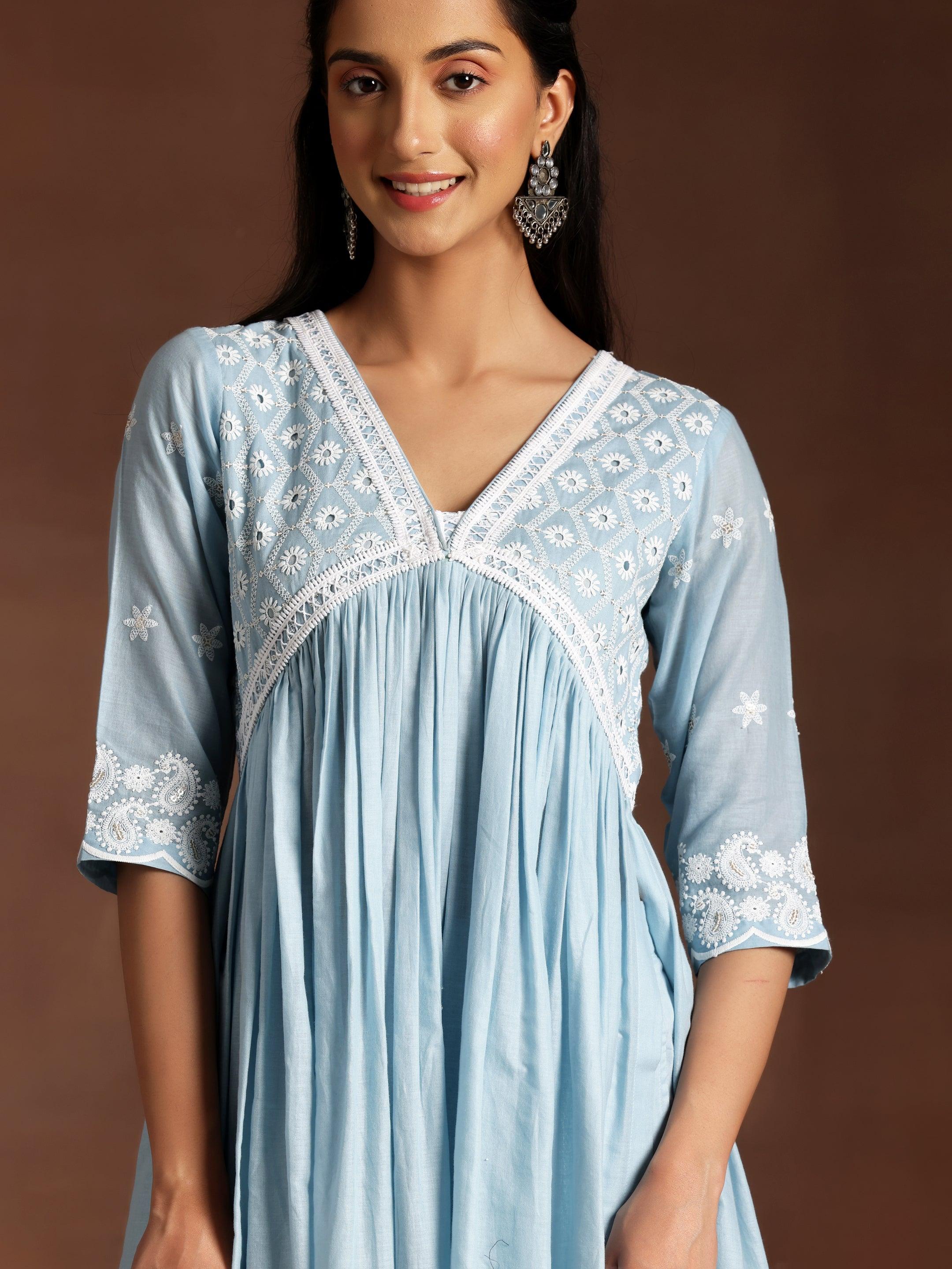 Blue Embroidered Cotton A-Line Kurta With Palazzos & Dupatta