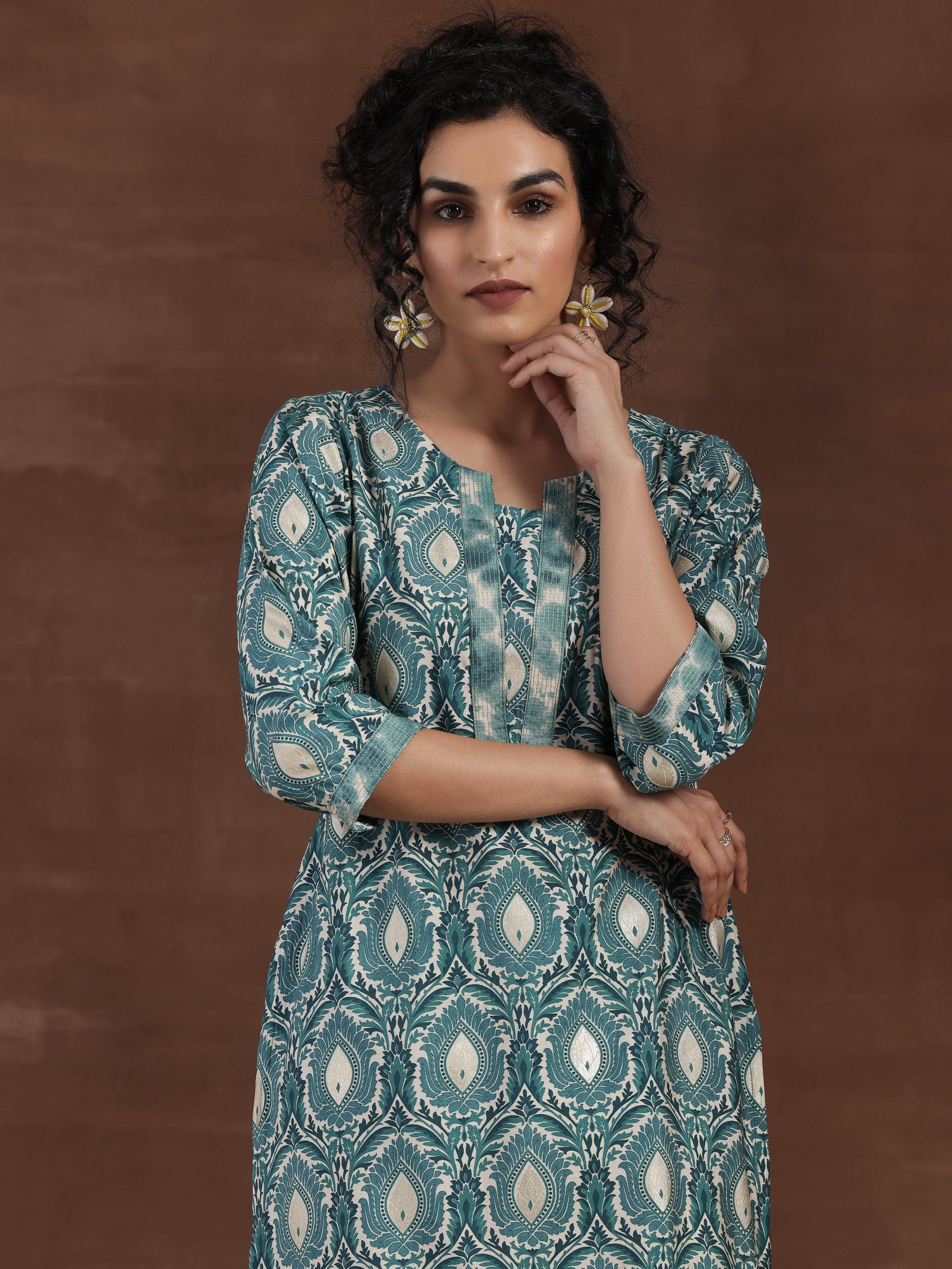 Blue Printed Silk Blend Straight Kurta Set