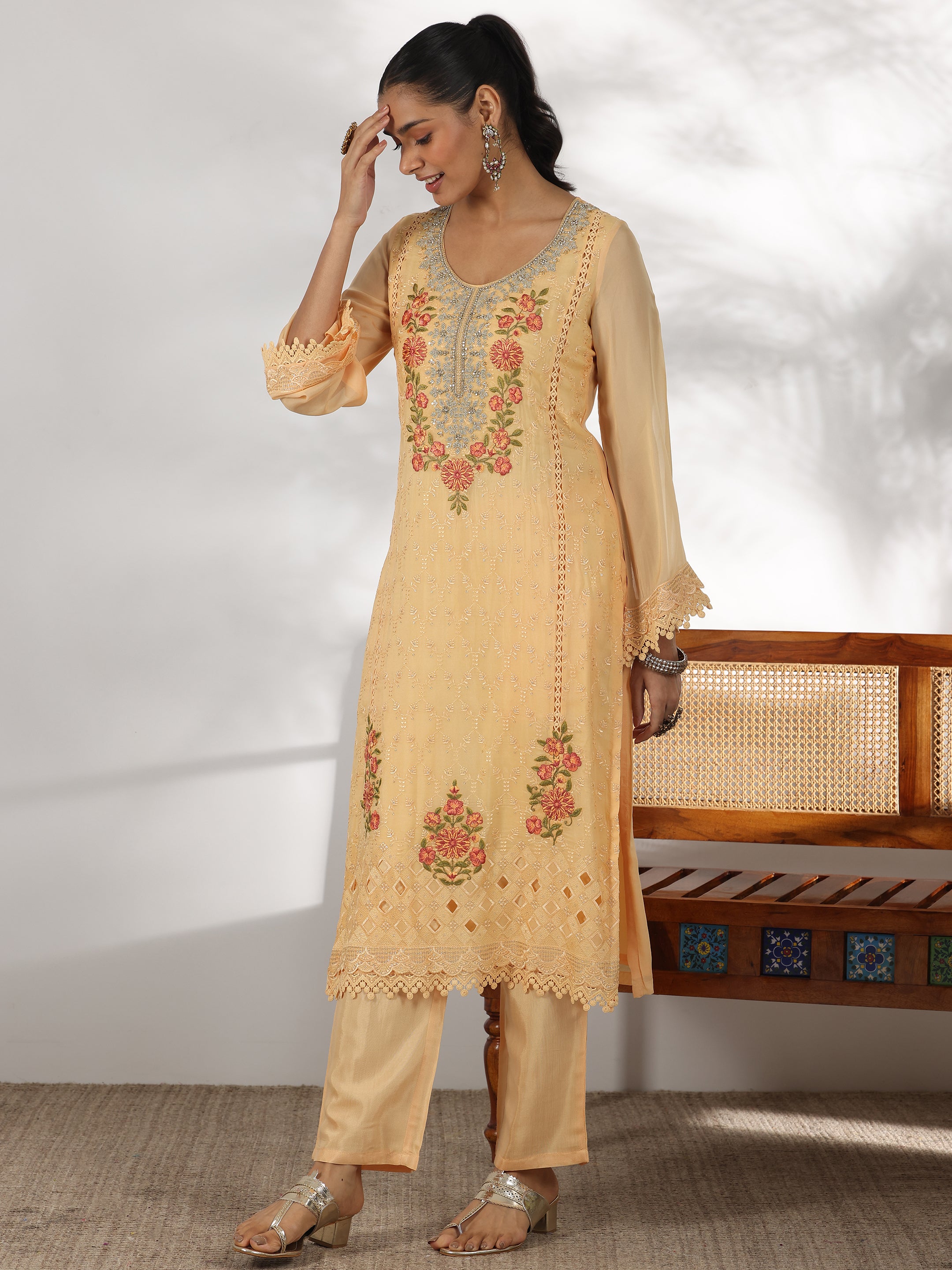 Yellow Embroidered Organza Straight Suit With Dupatta